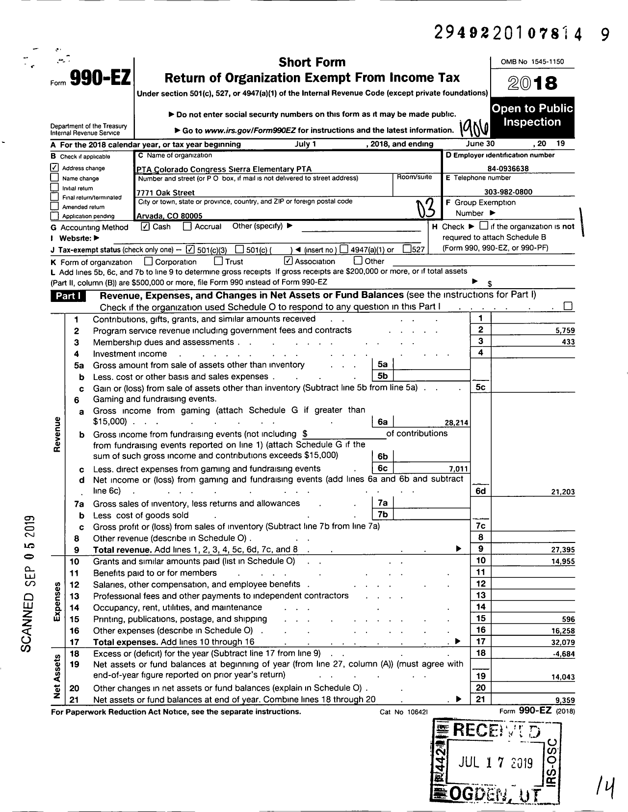 Image of first page of 2018 Form 990EZ for PTA Colorado Congress Sierra PTA