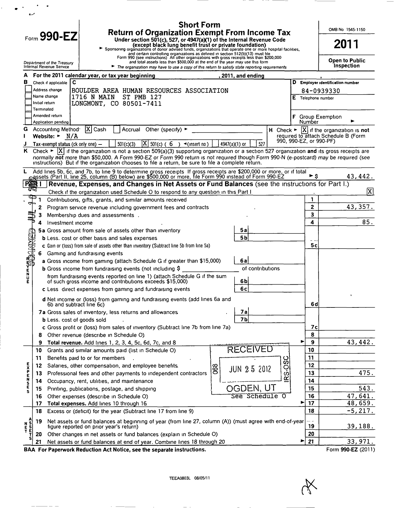 Image of first page of 2011 Form 990EO for Boulder Area Human Resource Association