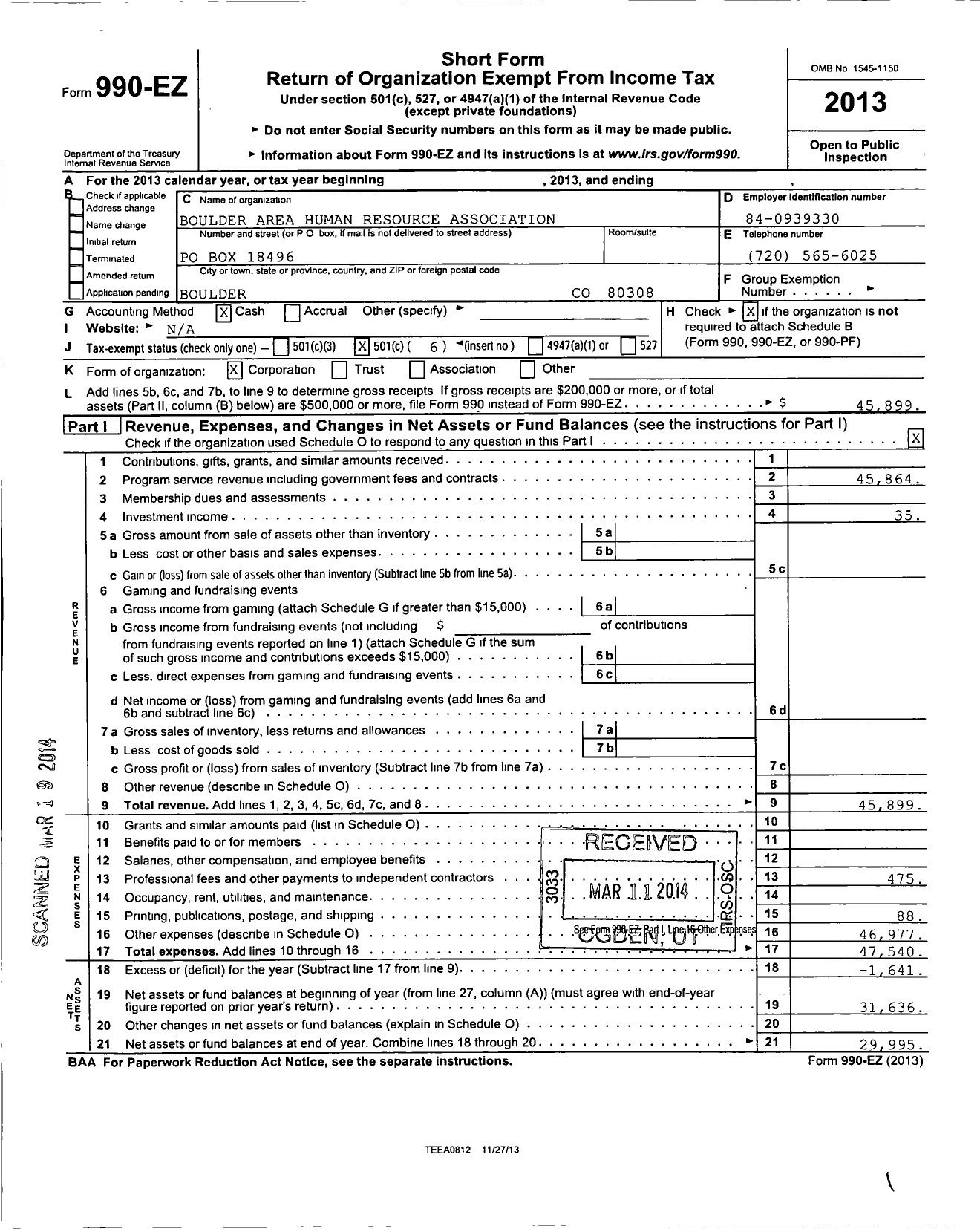 Image of first page of 2013 Form 990EO for Boulder Area Human Resource Association