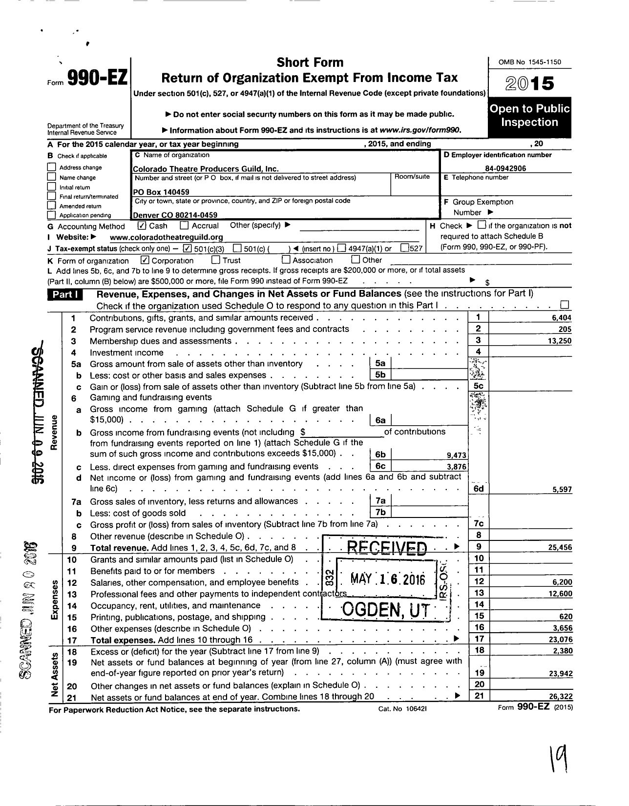 Image of first page of 2015 Form 990EZ for Colorado Theatre Producers Guild