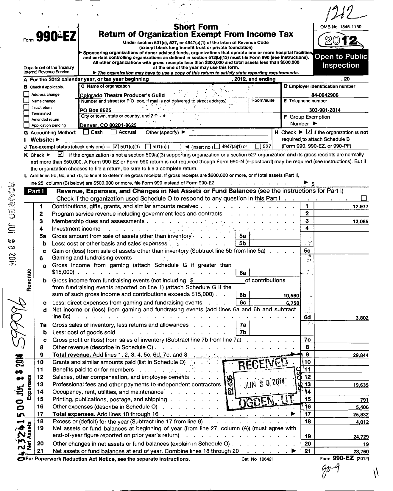 Image of first page of 2012 Form 990EZ for Colorado Theatre Producers Guild