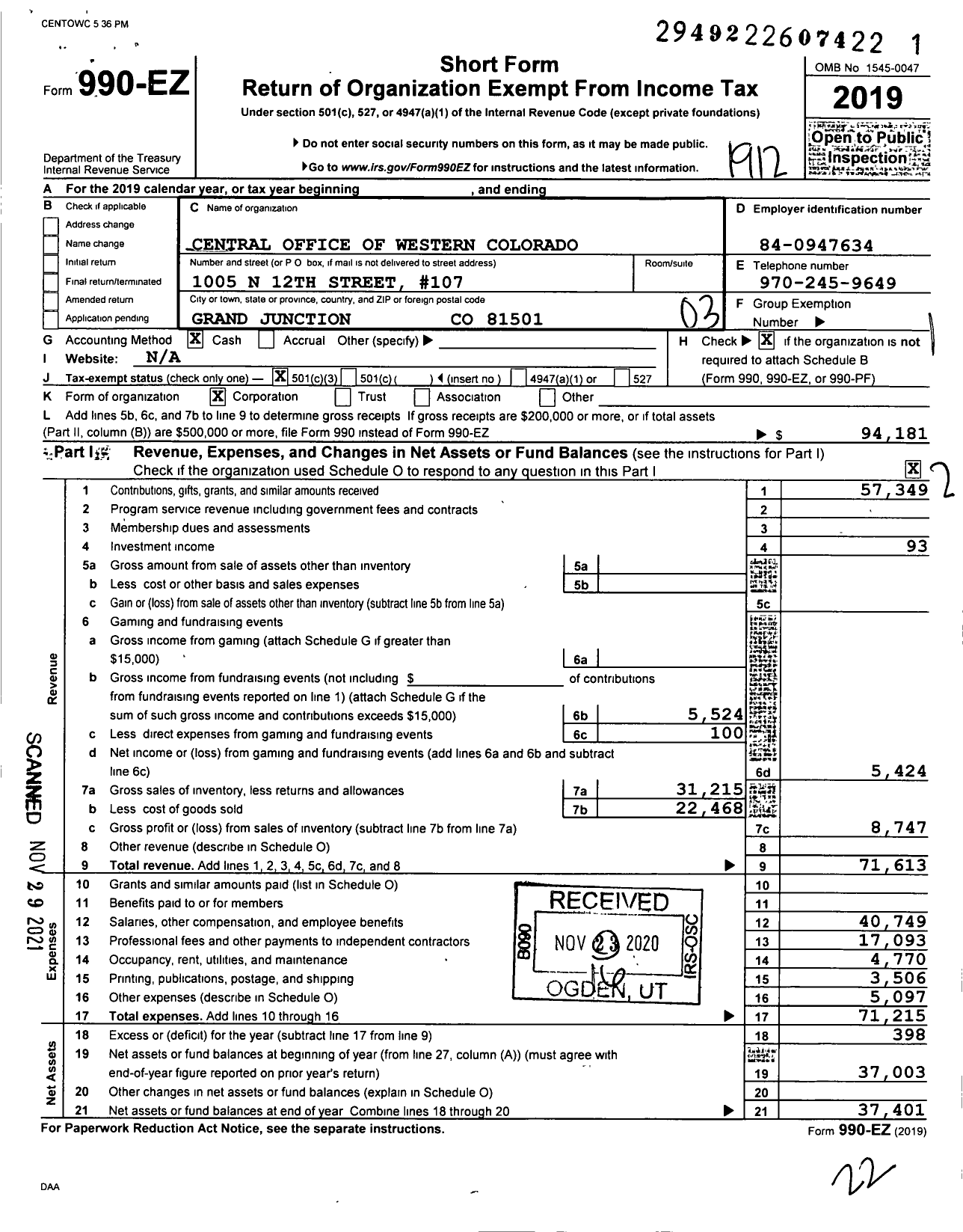 Image of first page of 2019 Form 990EZ for Central Office of Western Colorado