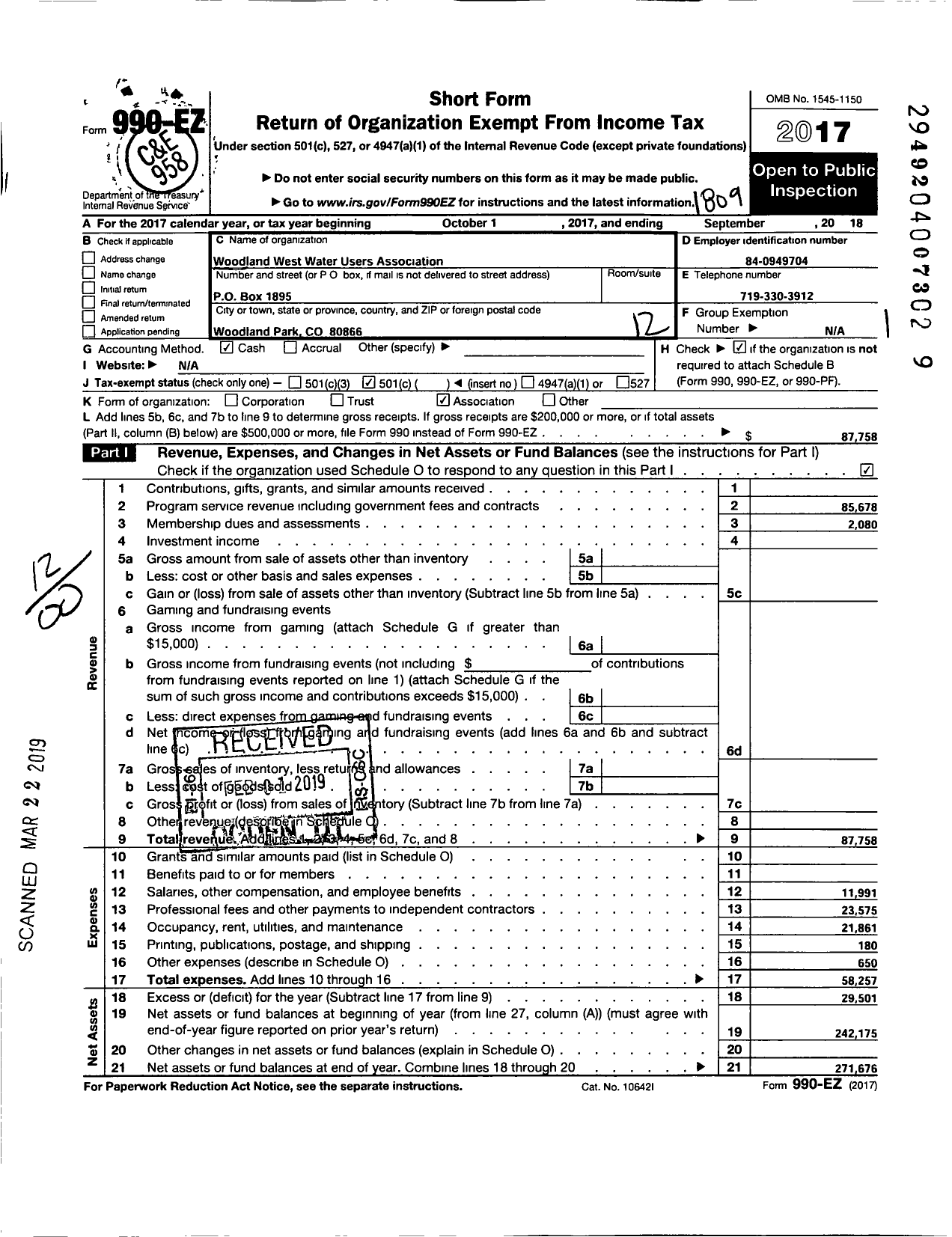 Image of first page of 2017 Form 990EO for Woodland West Water Users Association