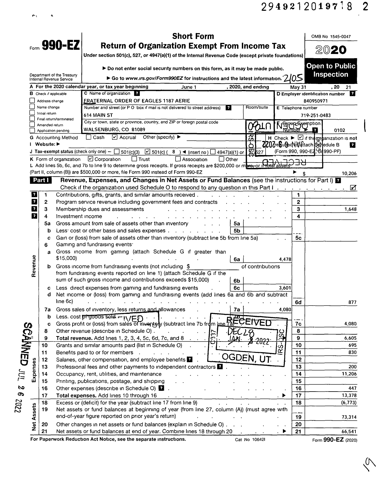 Image of first page of 2020 Form 990EO for Fraternal Order of Eagles - 1187 Aerie