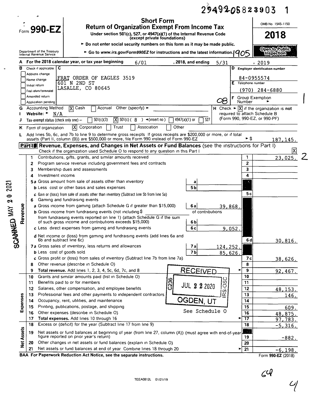 Image of first page of 2018 Form 990EO for Fraternal Order of Eagles - 3519 Aerie