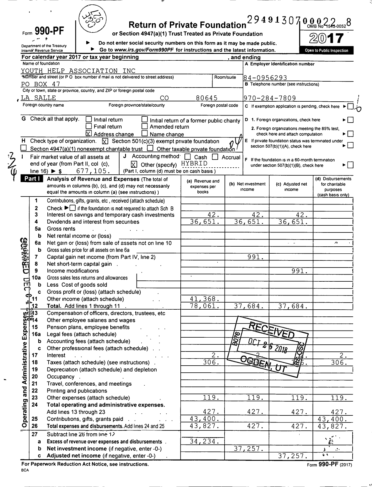 Image of first page of 2017 Form 990PF for Youth Help Association