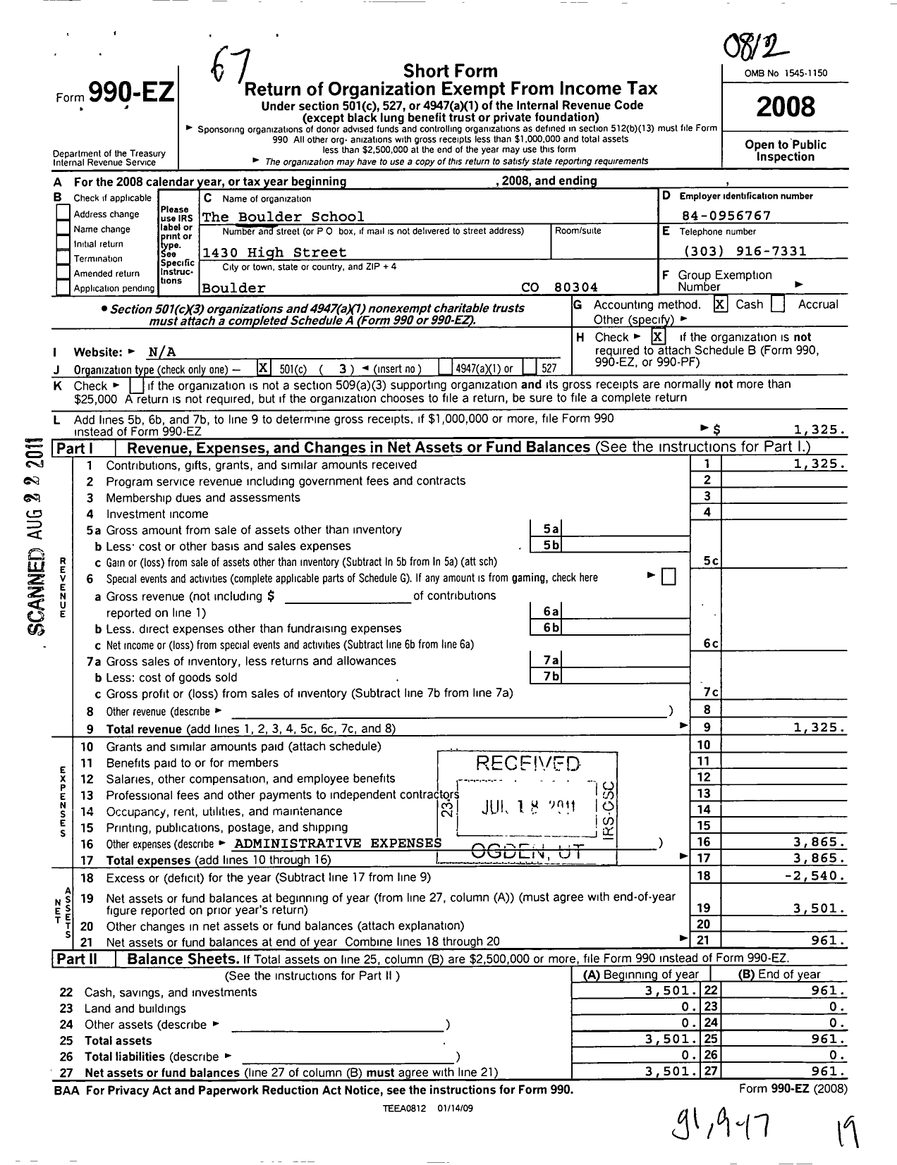 Image of first page of 2008 Form 990EZ for Boulder School