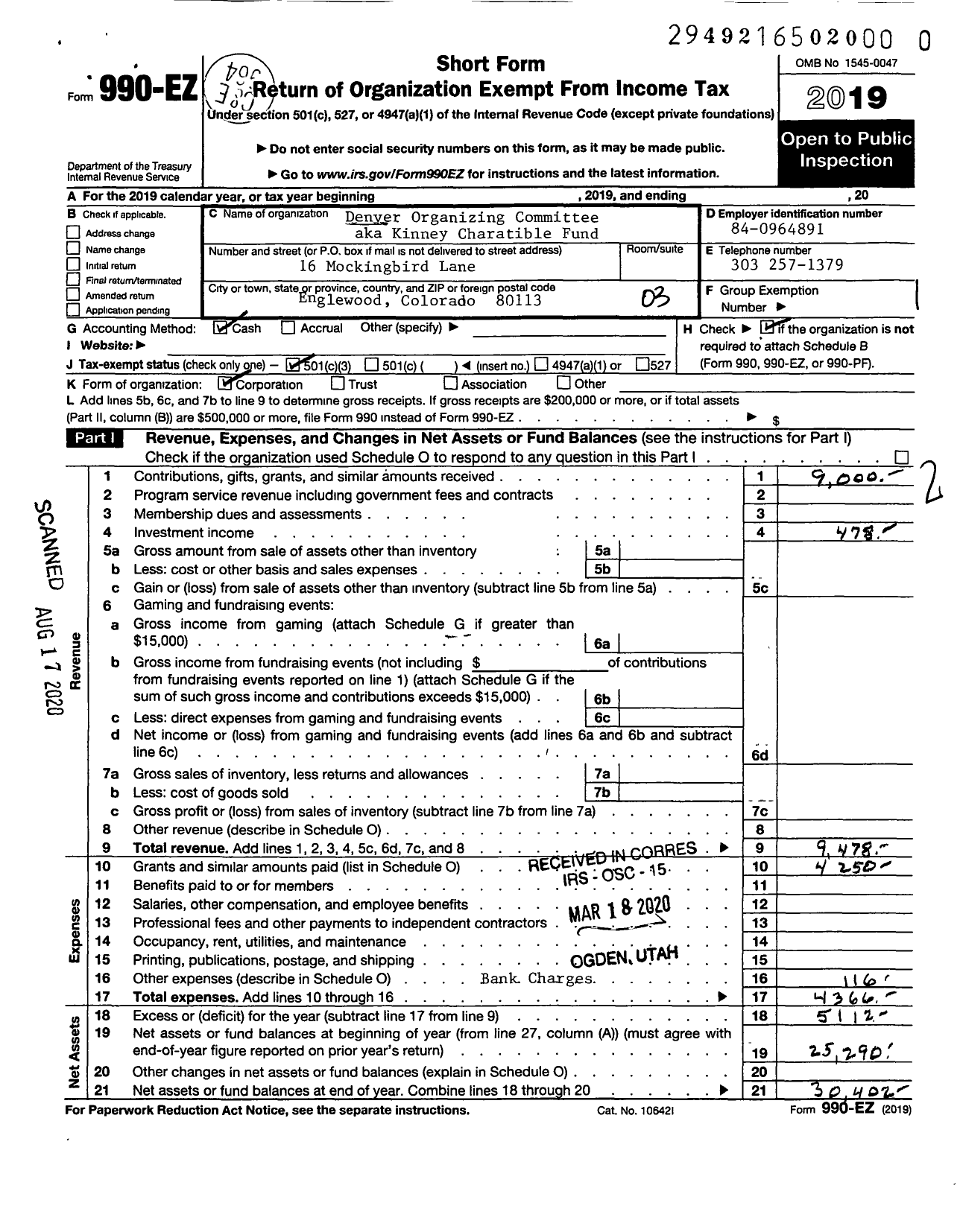 Image of first page of 2019 Form 990EZ for Kinney Charitable Fund