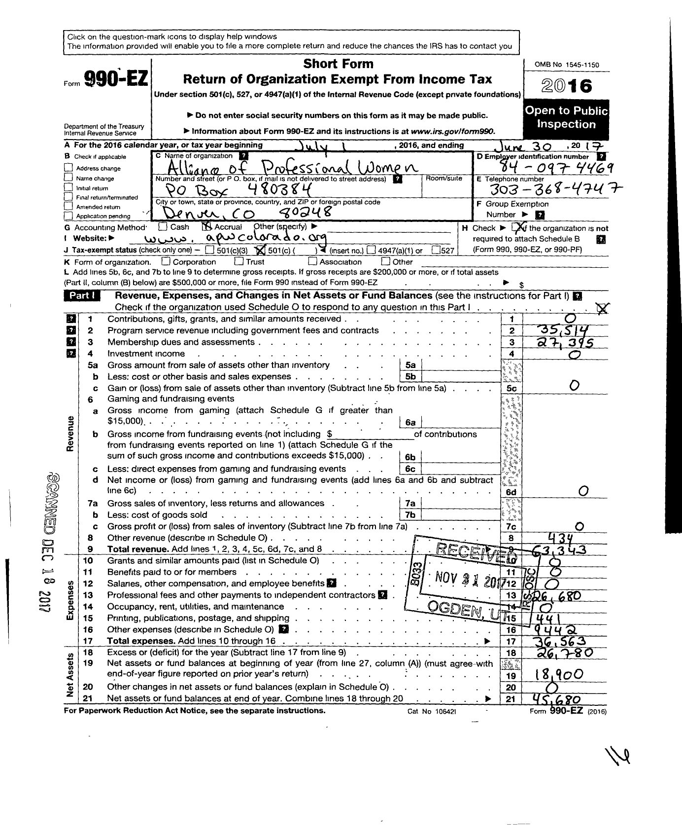 Image of first page of 2016 Form 990EO for Alliance of Professional Women