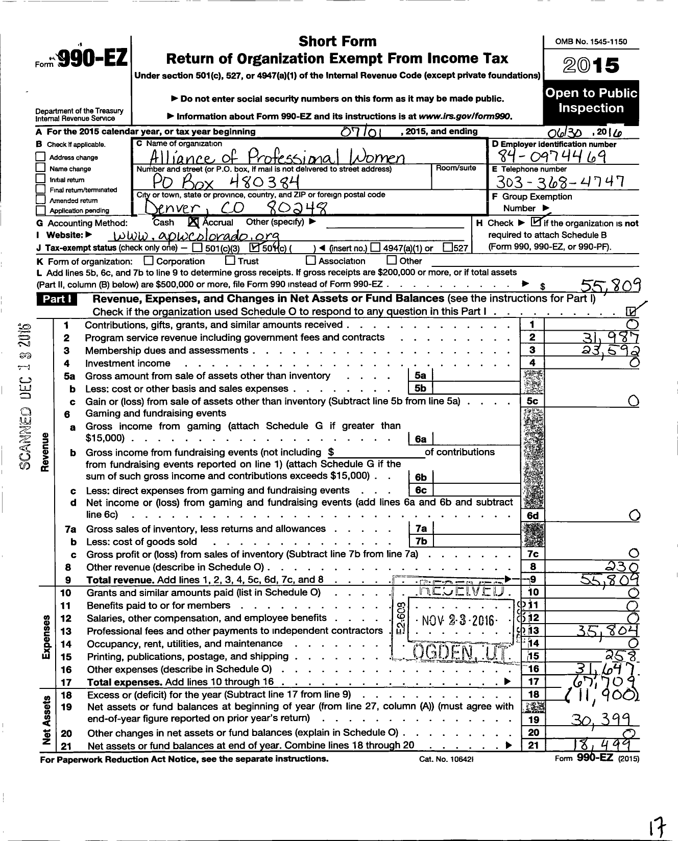 Image of first page of 2015 Form 990EO for Alliance of Professional Women