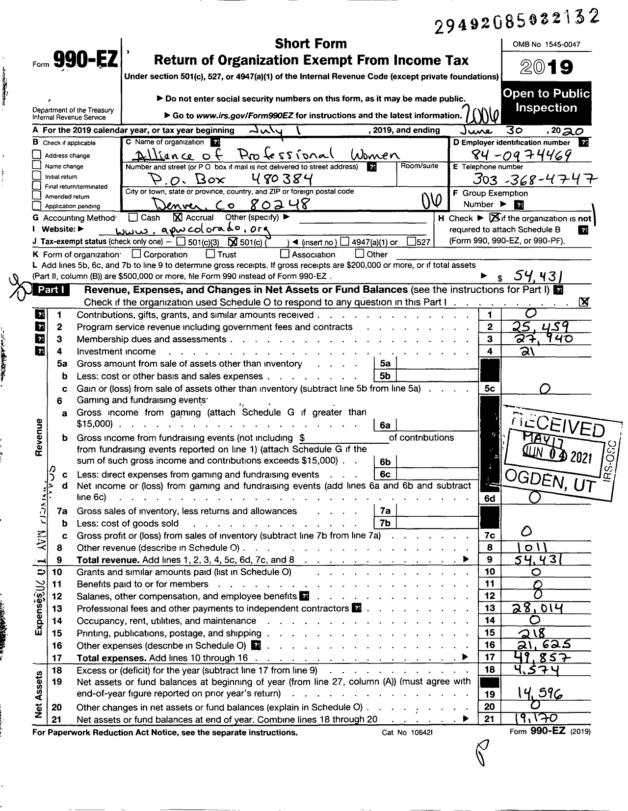 Image of first page of 2019 Form 990EO for Alliance of Professional Women