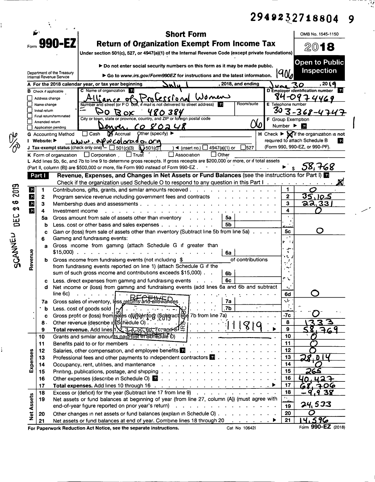 Image of first page of 2018 Form 990EO for Alliance of Professional Women