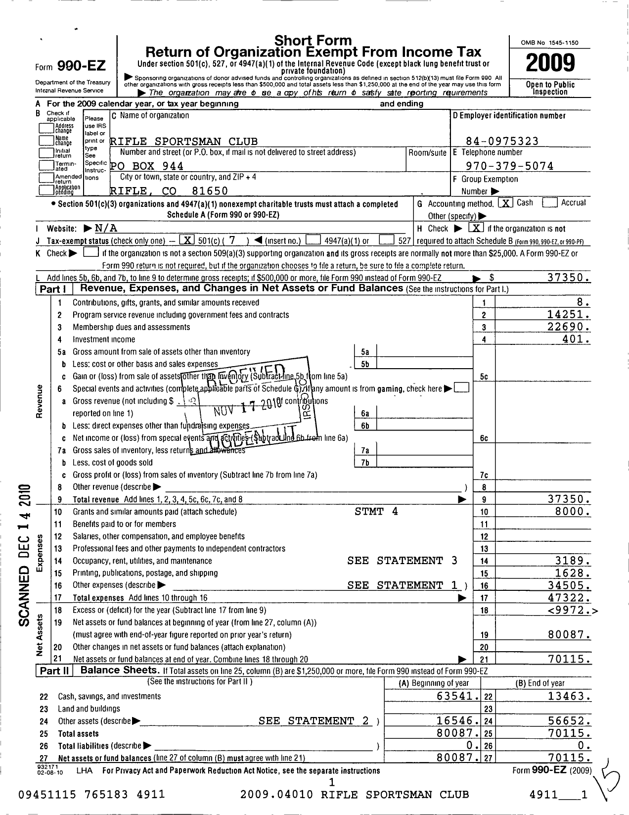 Image of first page of 2009 Form 990EO for Rifle Sportmans Club