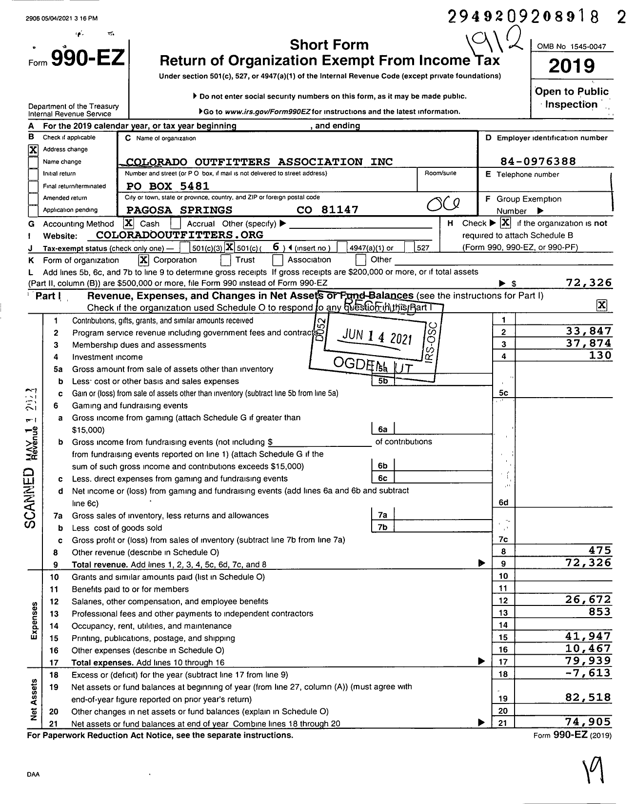 Image of first page of 2019 Form 990EO for Colorado Outfitters Association