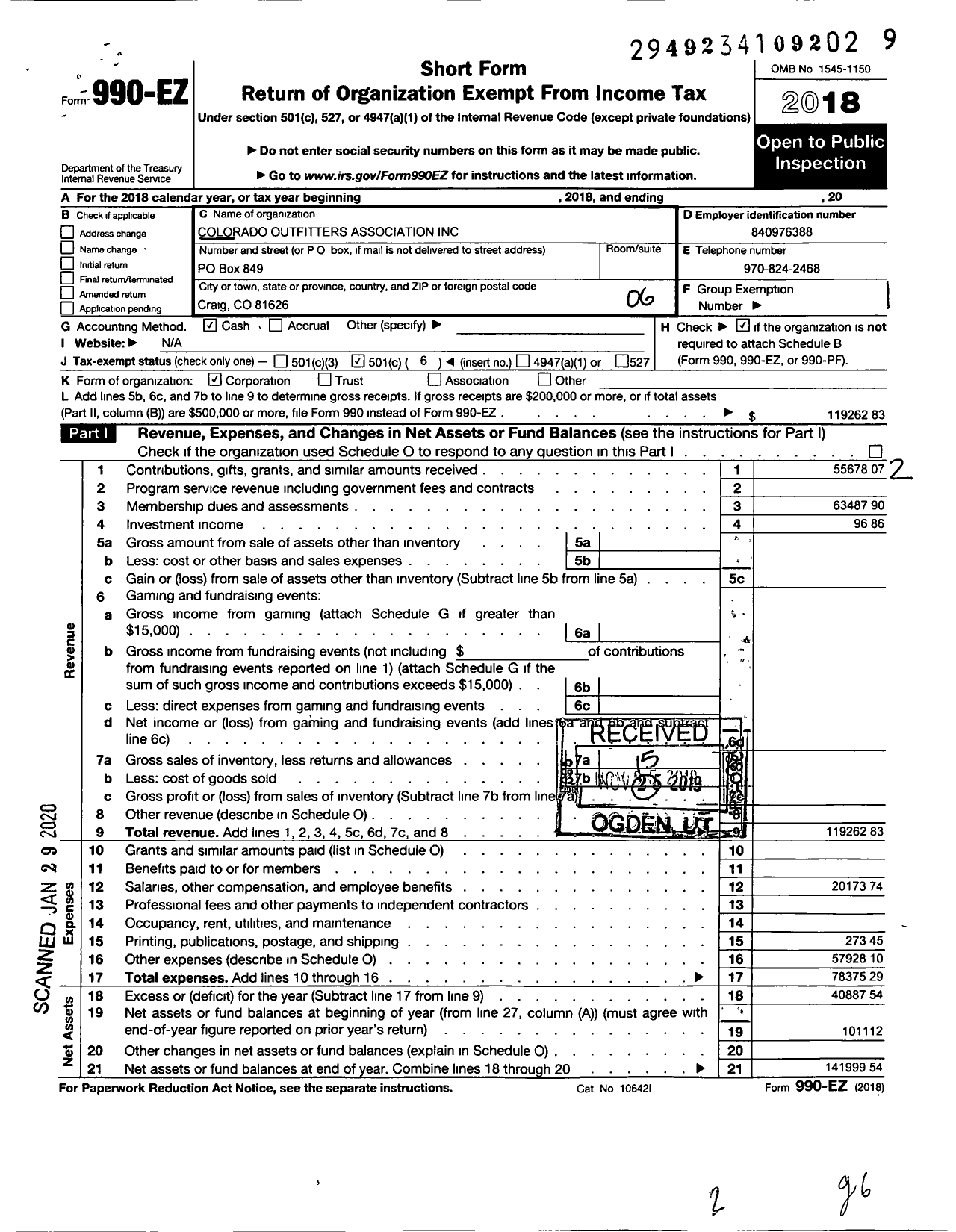 Image of first page of 2018 Form 990EO for Colorado Outfitters Association