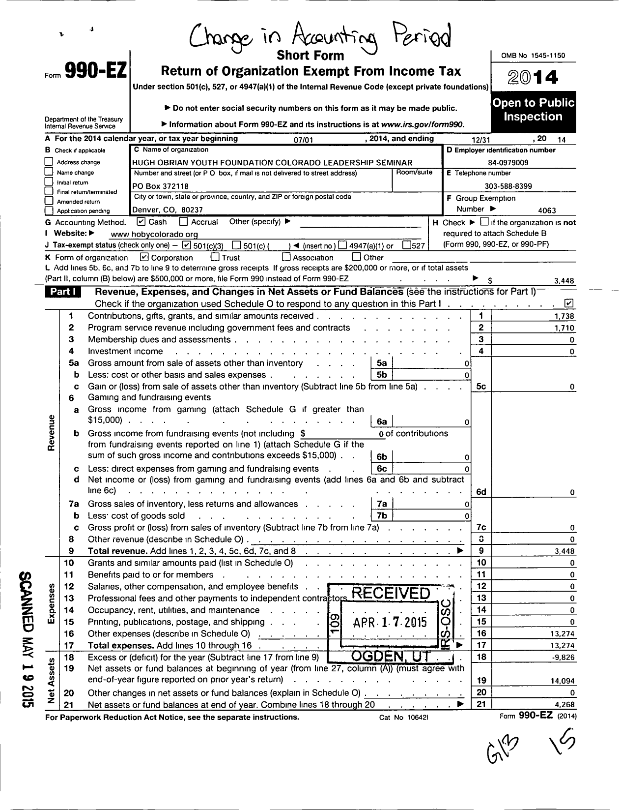 Image of first page of 2014 Form 990EZ for Hugh Obrian Yough Leadership