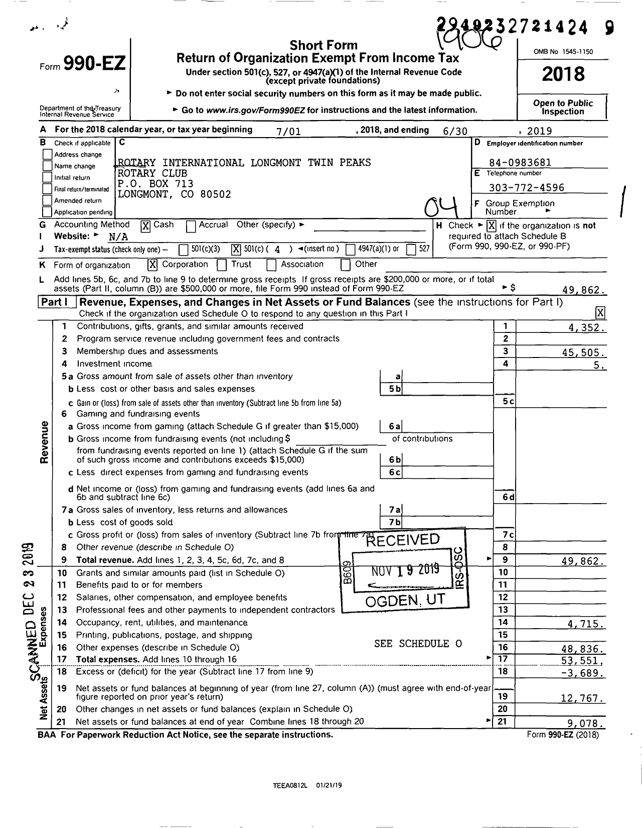 Image of first page of 2018 Form 990EO for Rotary International - Longmont Twin Peaks Rotary Club