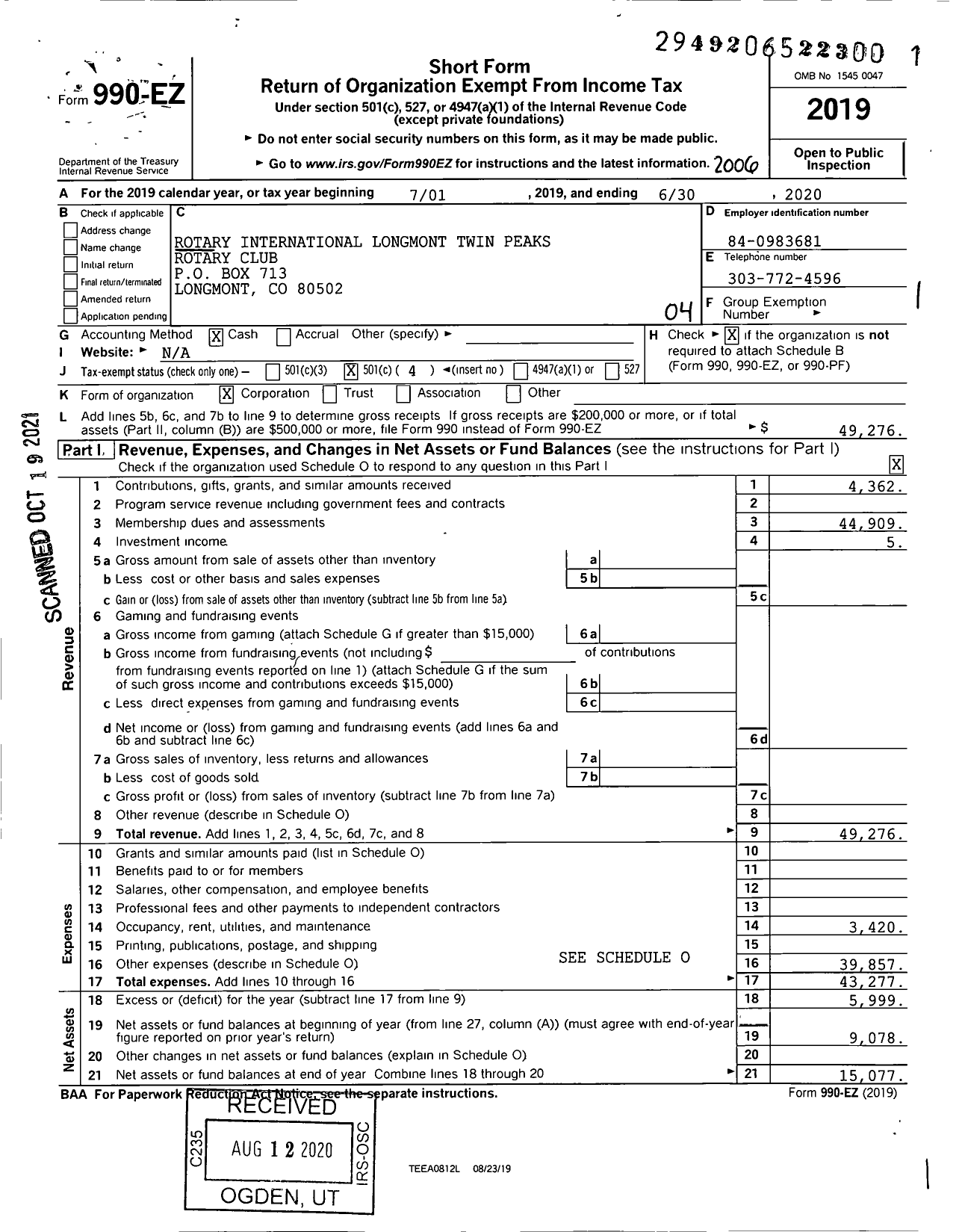 Image of first page of 2019 Form 990EO for Rotary International - Longmont Twin Peaks Rotary Club