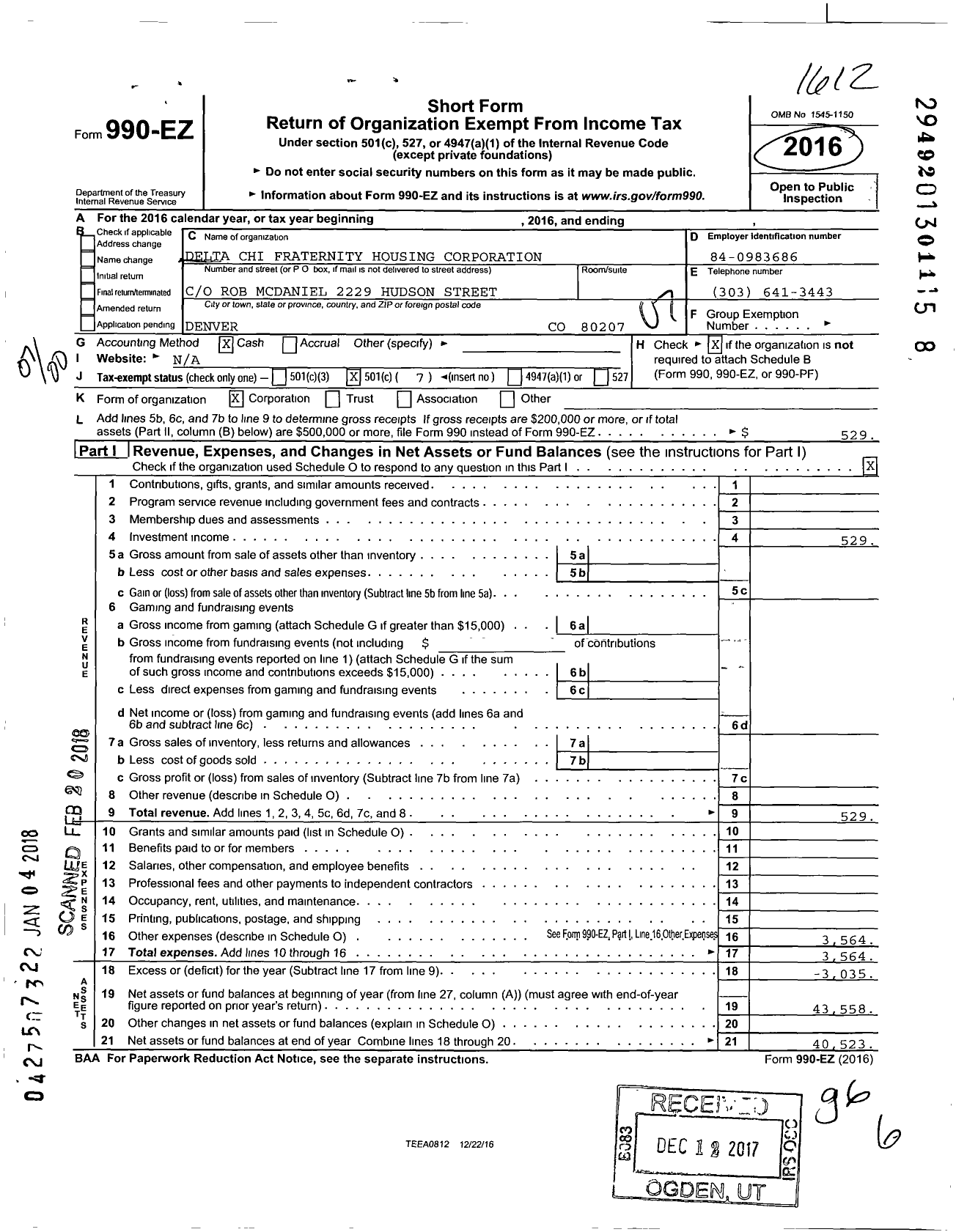 Image of first page of 2016 Form 990EO for Delta Chi Fraternity Housing Corporation