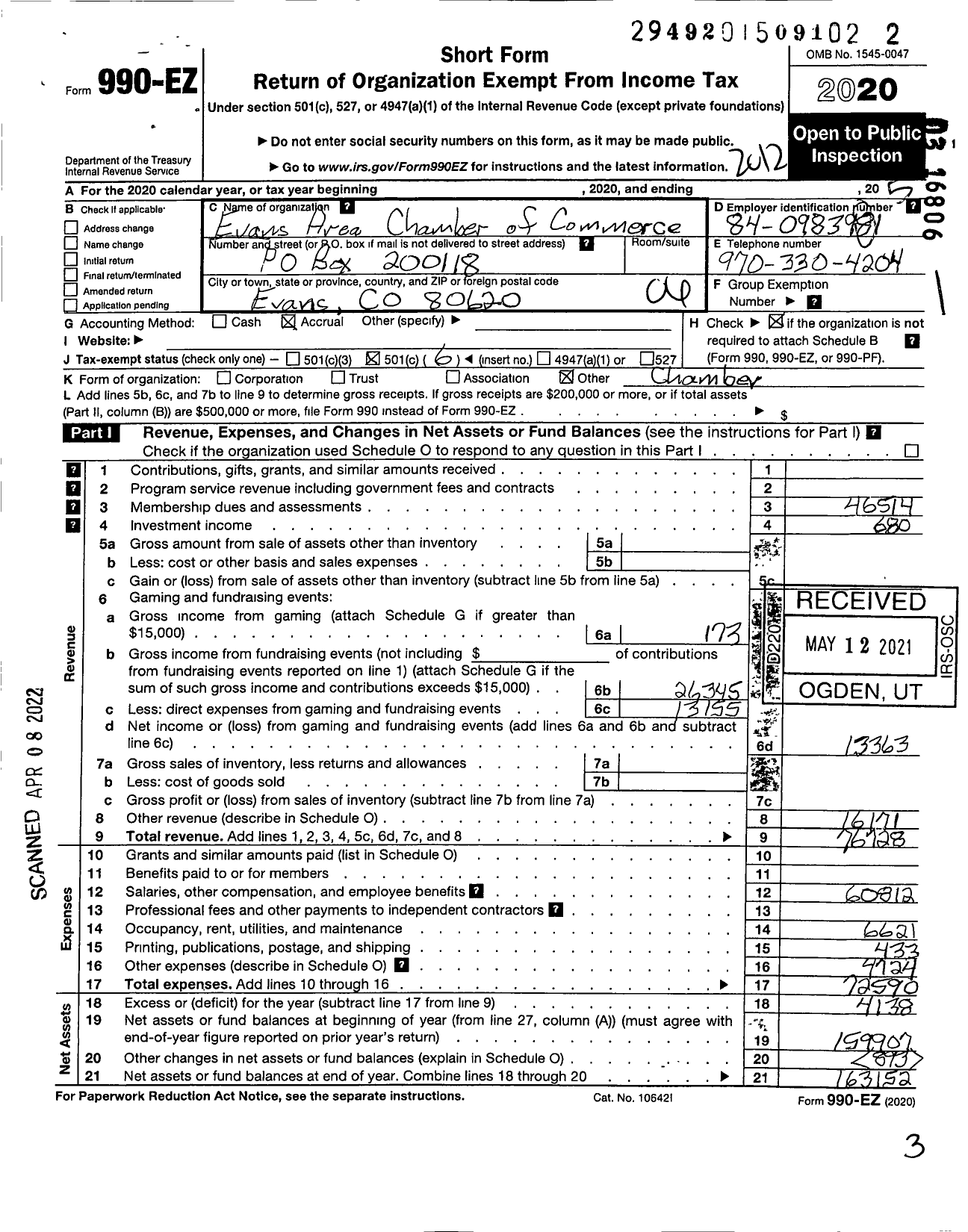 Image of first page of 2020 Form 990EO for Evans Area Chamber of Commerce