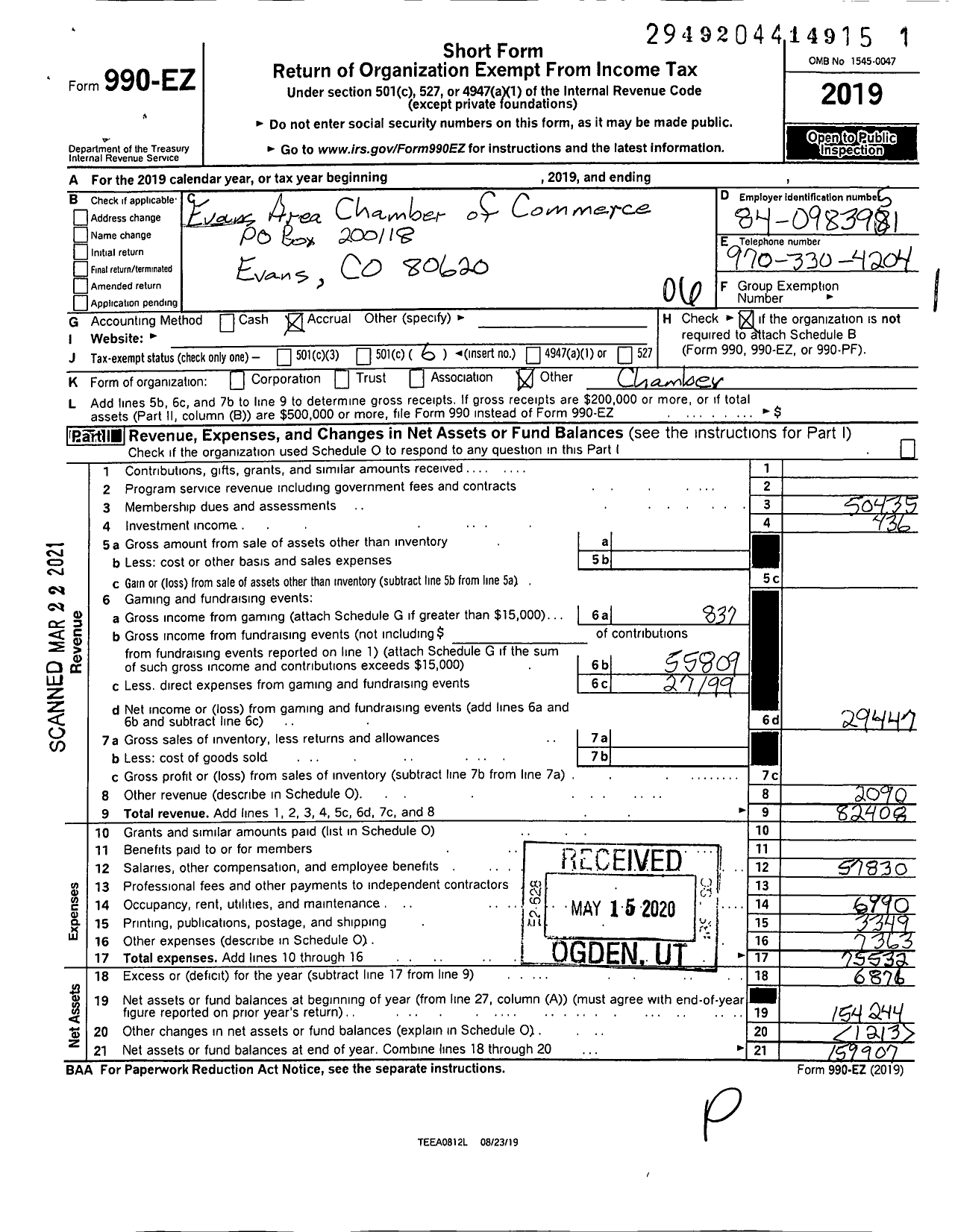 Image of first page of 2019 Form 990EO for Evans Area Chamber of Commerce