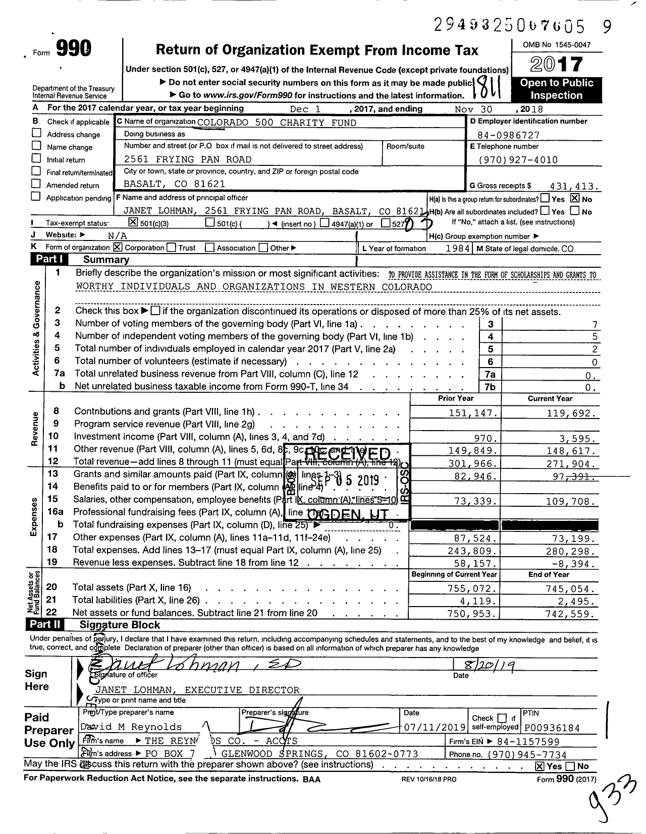 Image of first page of 2017 Form 990 for Colorado 500 Charity Fund