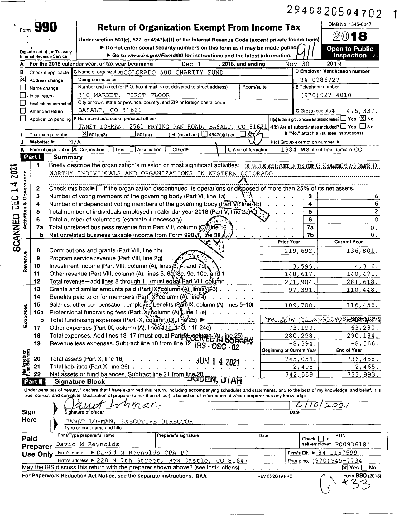 Image of first page of 2018 Form 990 for Colorado 500 Charity Fund