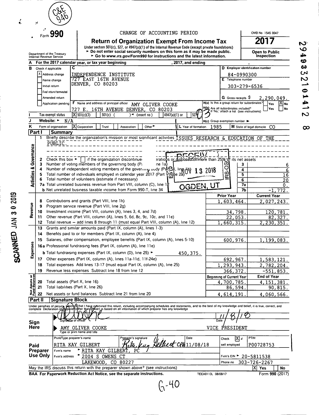Image of first page of 2017 Form 990 for Independence Institute