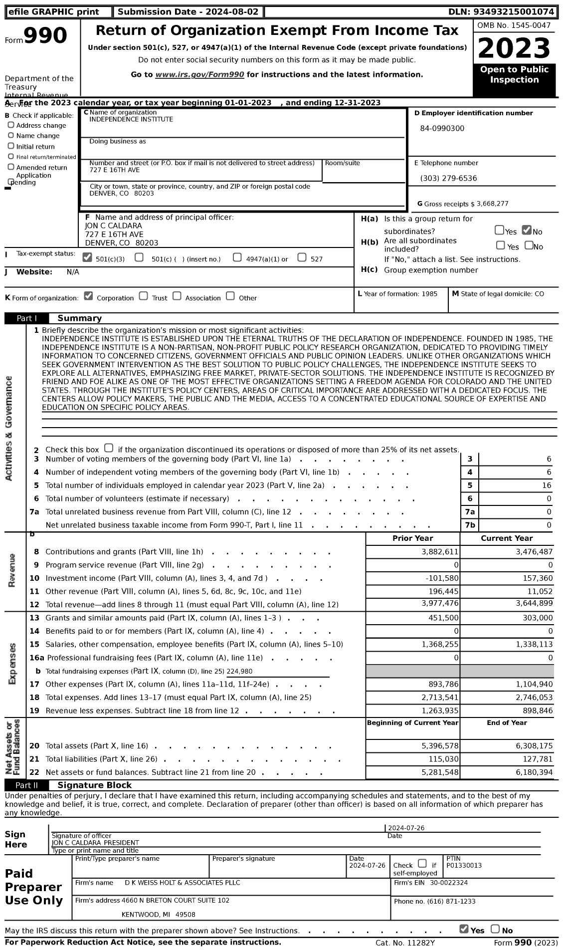 Image of first page of 2023 Form 990 for Independence Institute