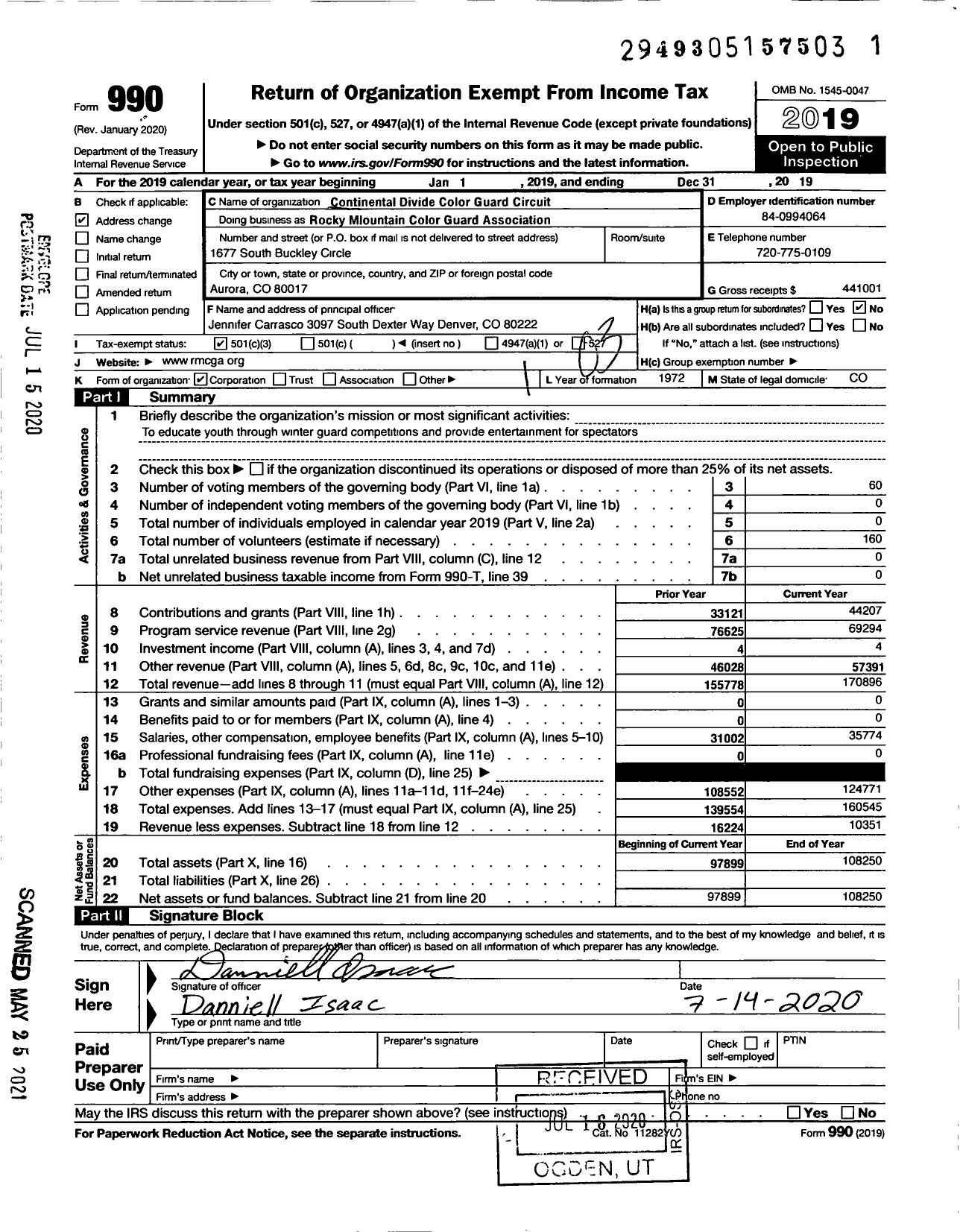 Image of first page of 2019 Form 990 for Rocky Mountain Color Guard Association