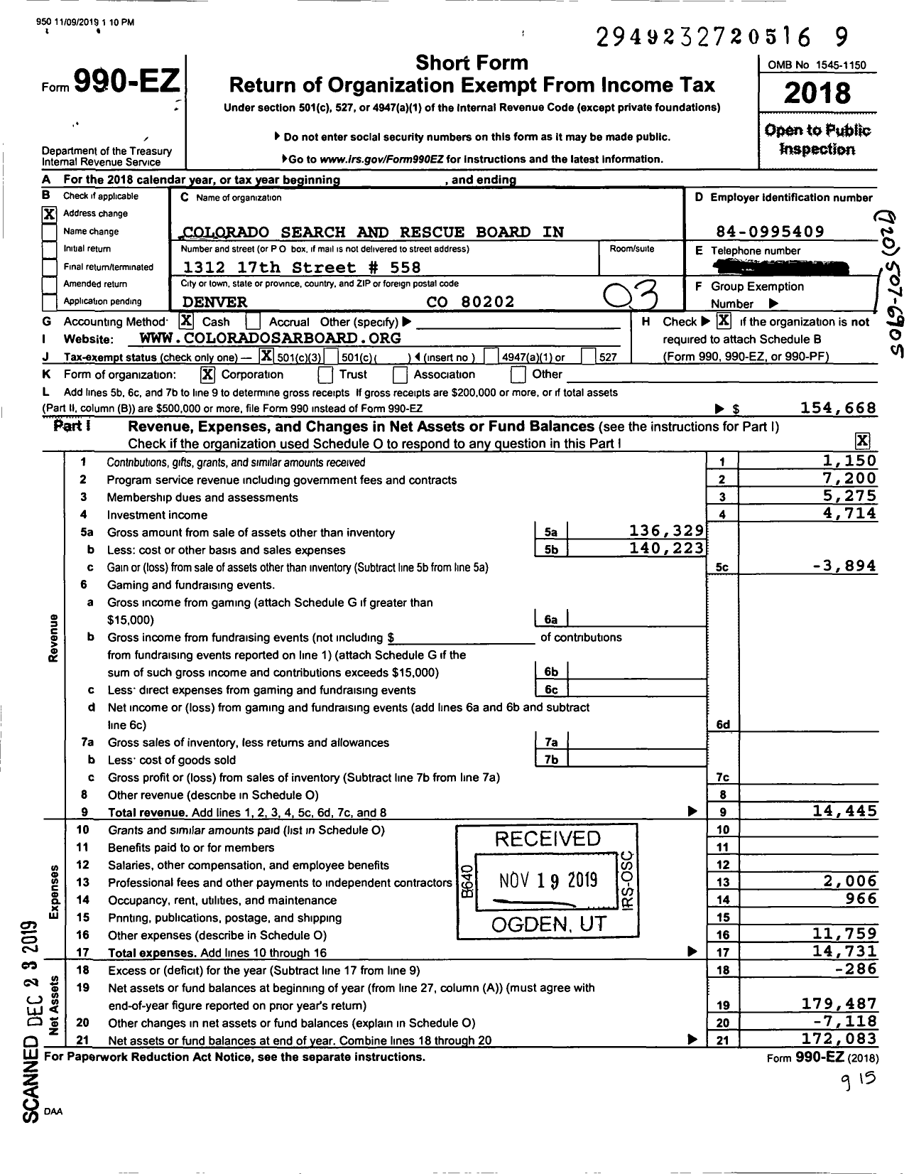 Image of first page of 2018 Form 990EZ for Colorado Search and Rescue Association