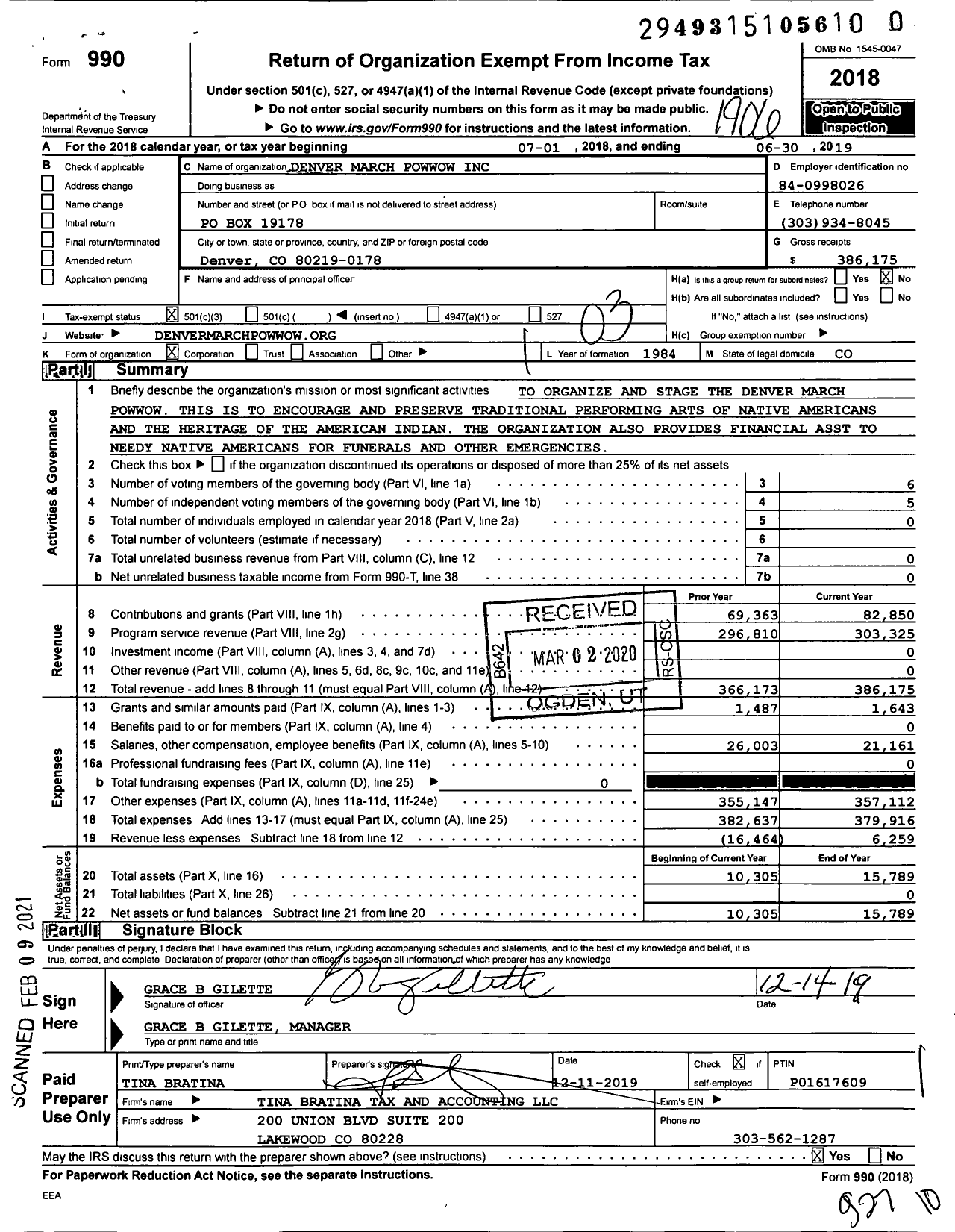 Image of first page of 2018 Form 990 for Denver March Powwow