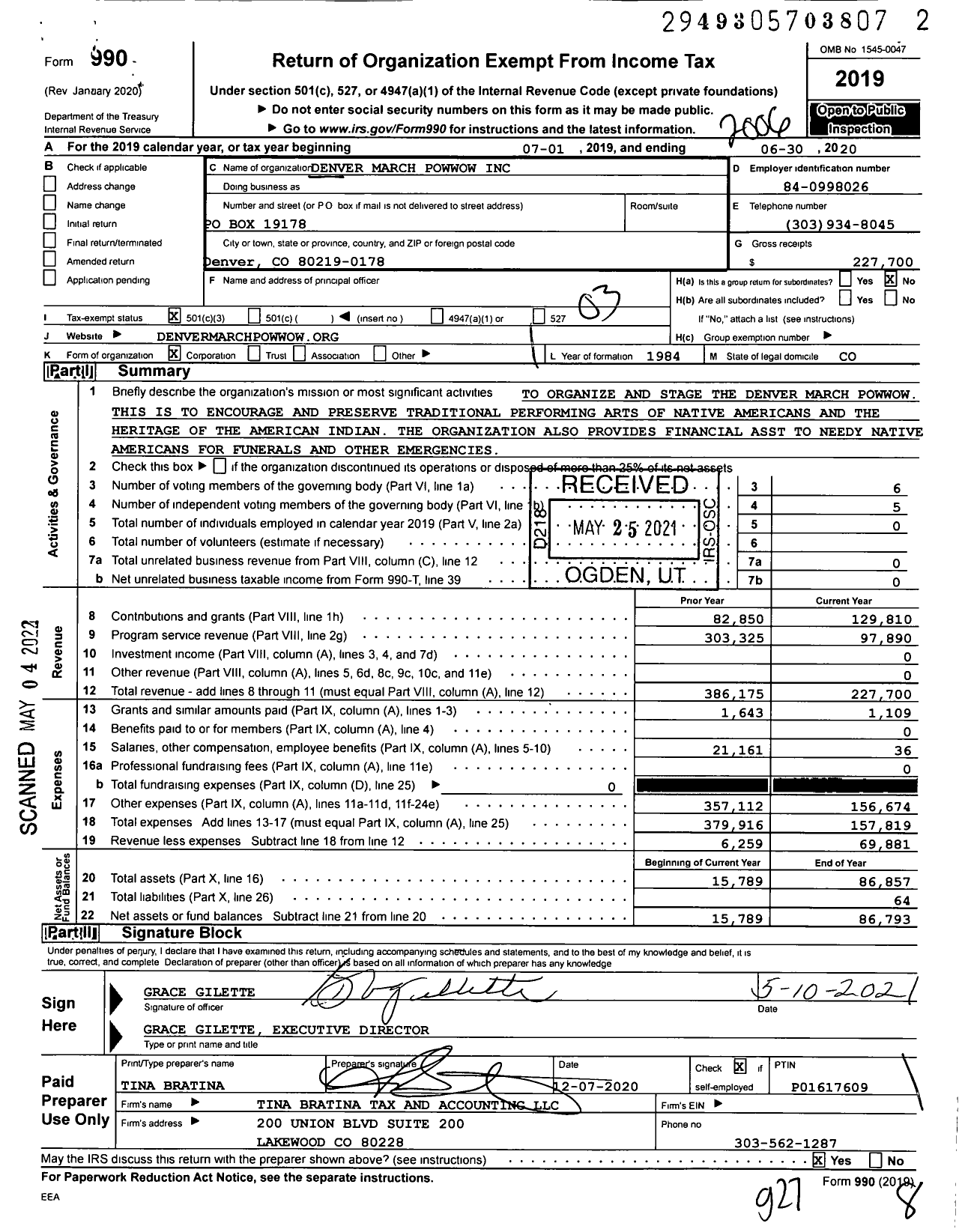 Image of first page of 2019 Form 990 for Denver March Powwow