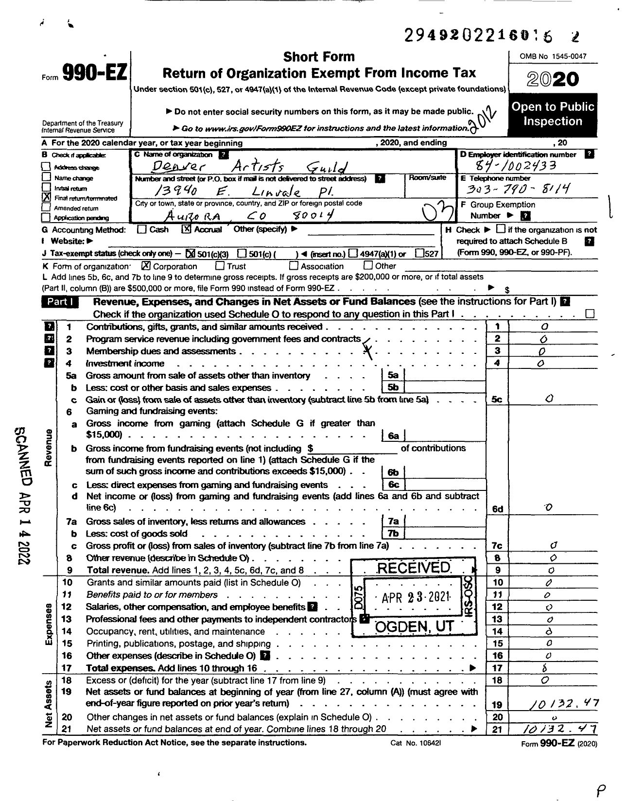 Image of first page of 2020 Form 990EZ for Denver Artists Guild