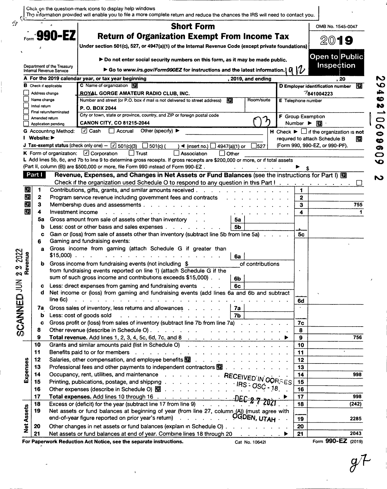 Image of first page of 2019 Form 990EZ for Royal Gorge Amateur Radio Club