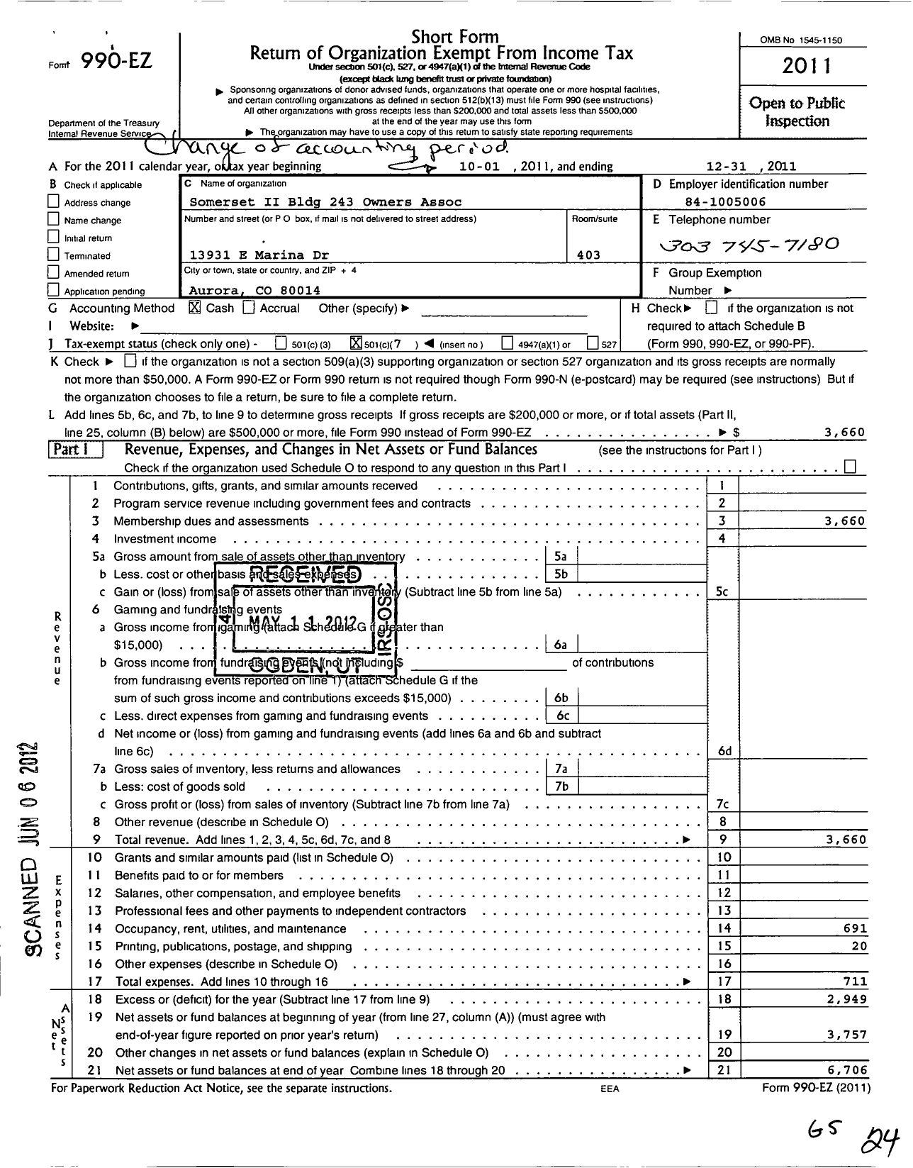 Image of first page of 2011 Form 990EO for Somerset Ii Building 243 Owners Association