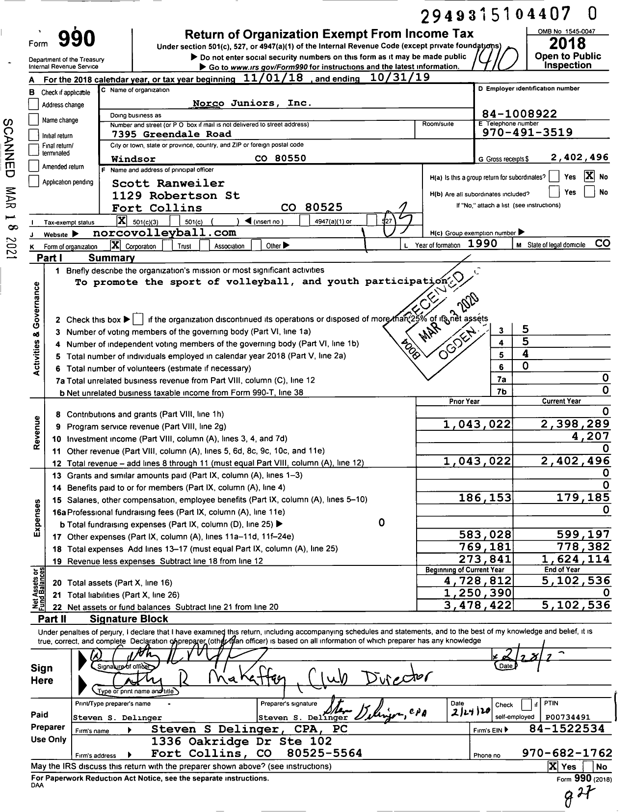 Image of first page of 2018 Form 990 for NORCO Volleyball