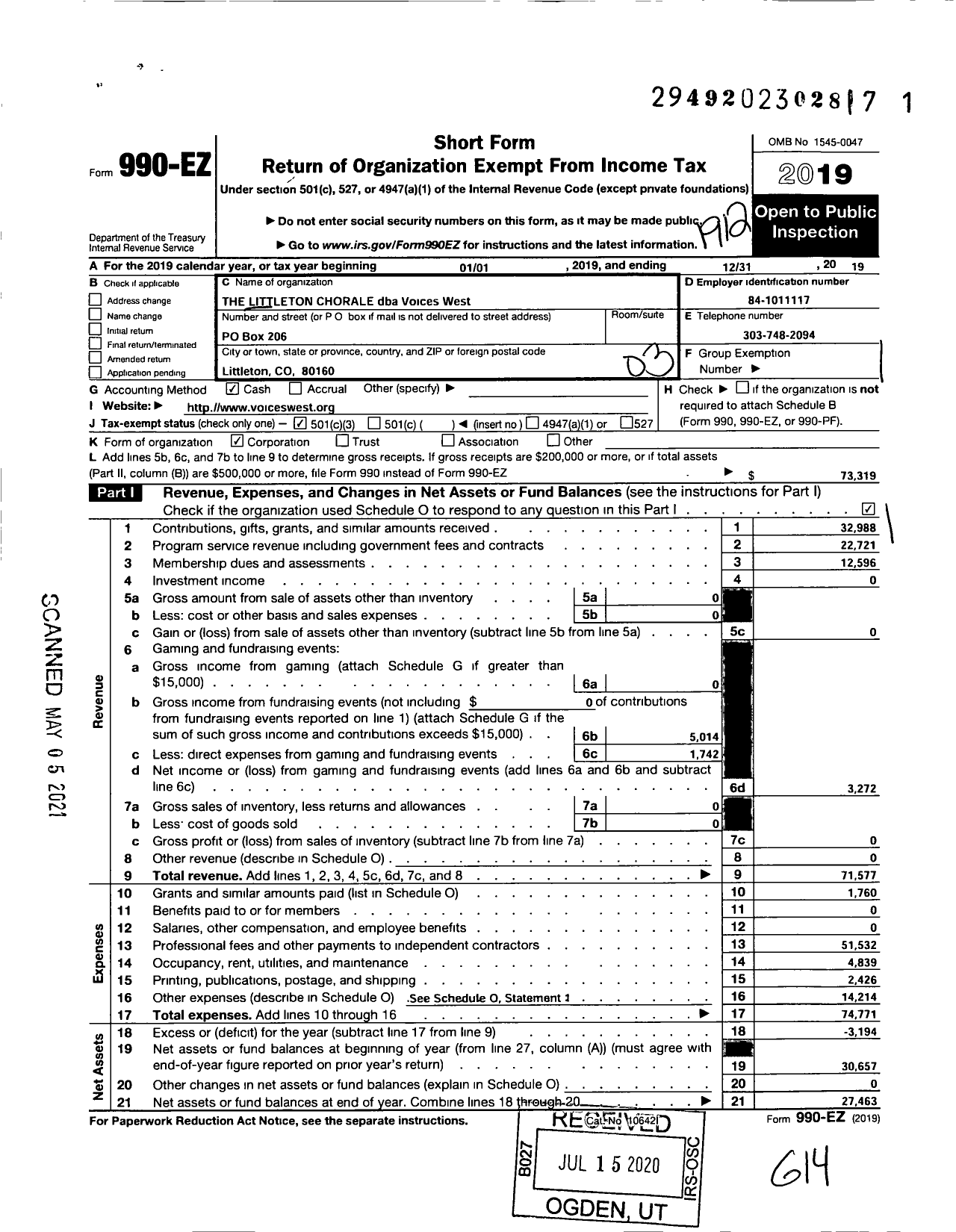 Image of first page of 2019 Form 990EZ for Voices West