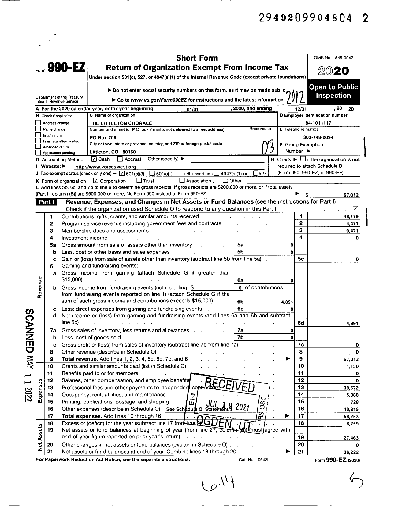 Image of first page of 2020 Form 990EZ for Voices West