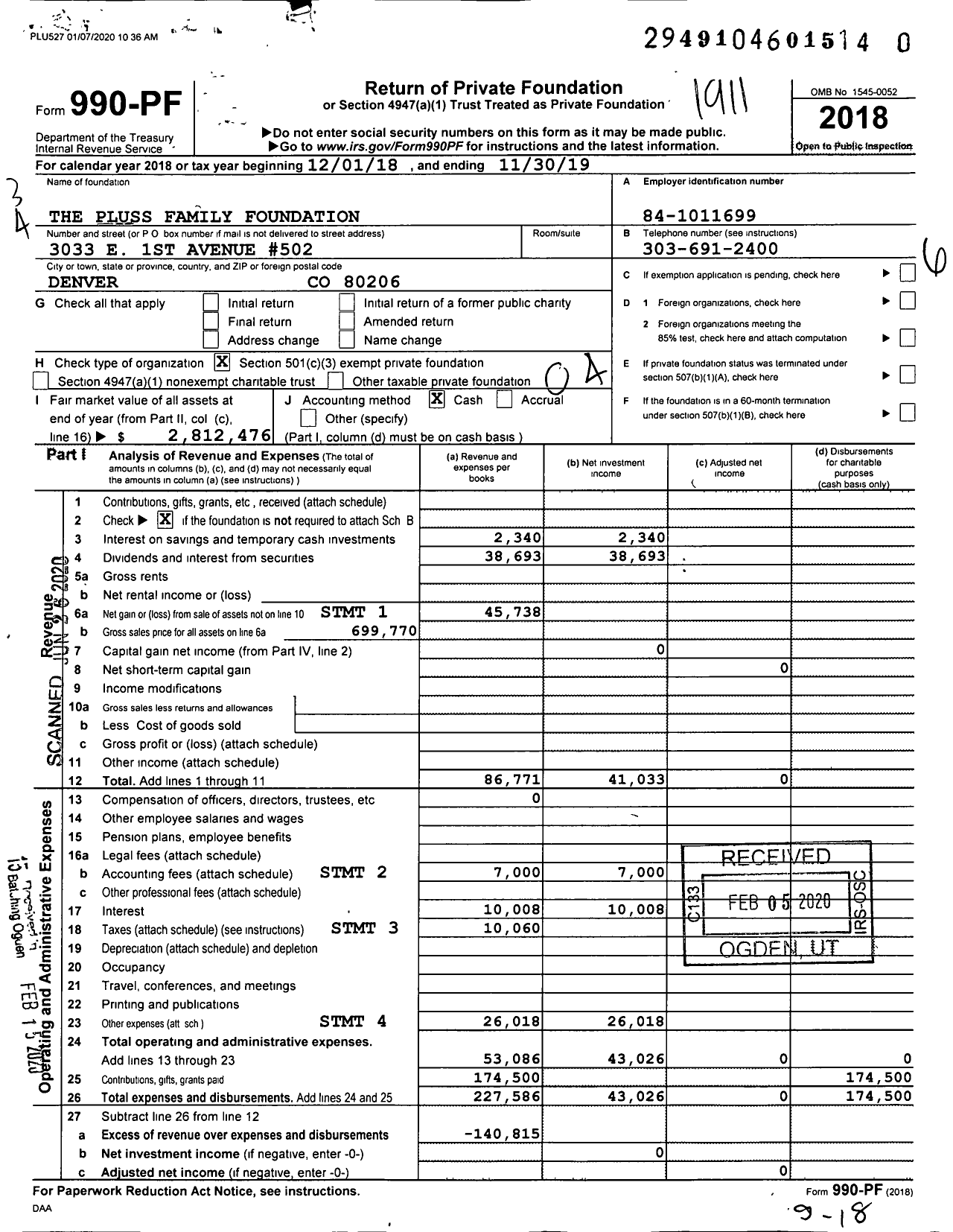 Image of first page of 2018 Form 990PR for The Pluss Family Foundation