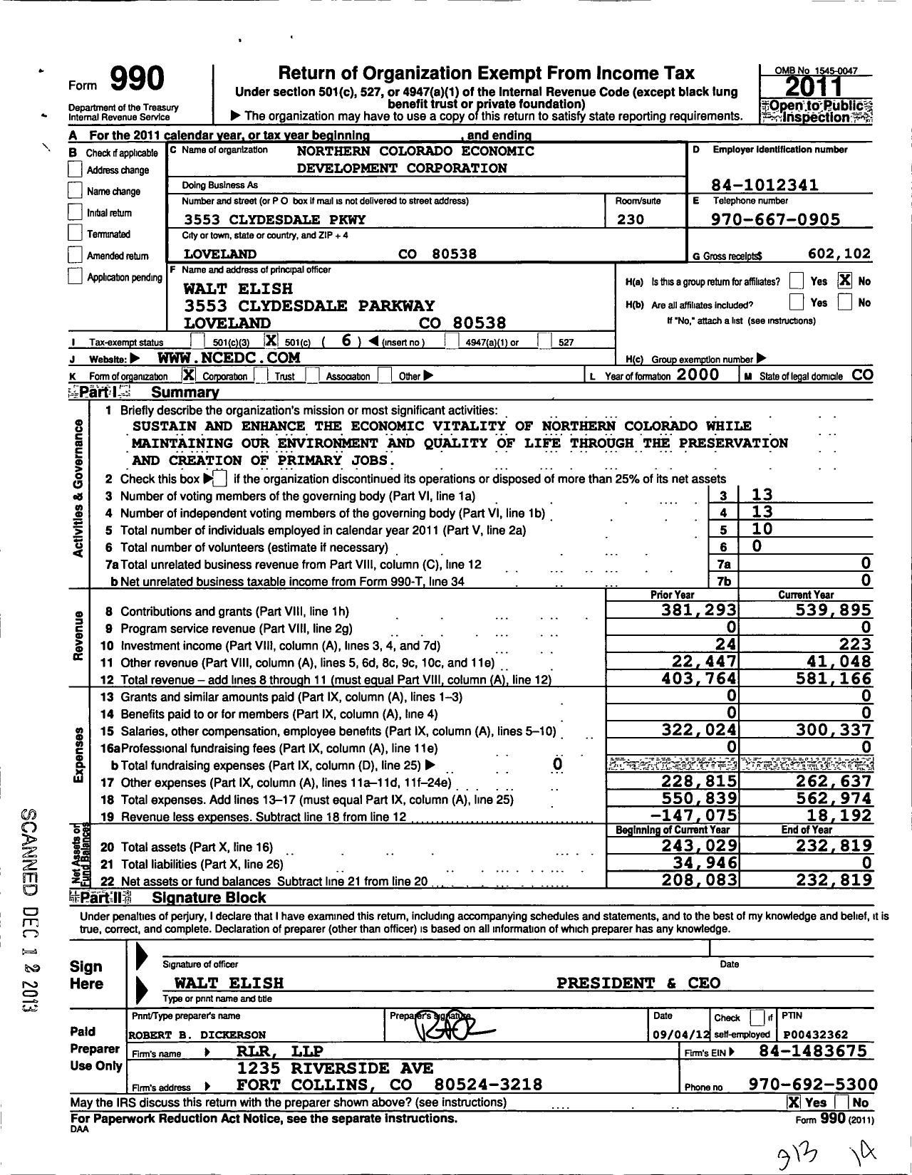 Image of first page of 2011 Form 990O for Northern Colorado Economic Development Corporation