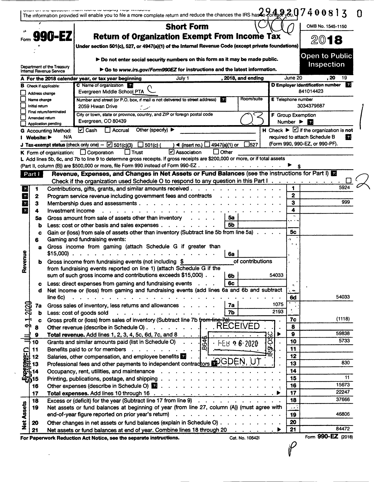 Image of first page of 2018 Form 990EZ for Evergreen Middle School PTA