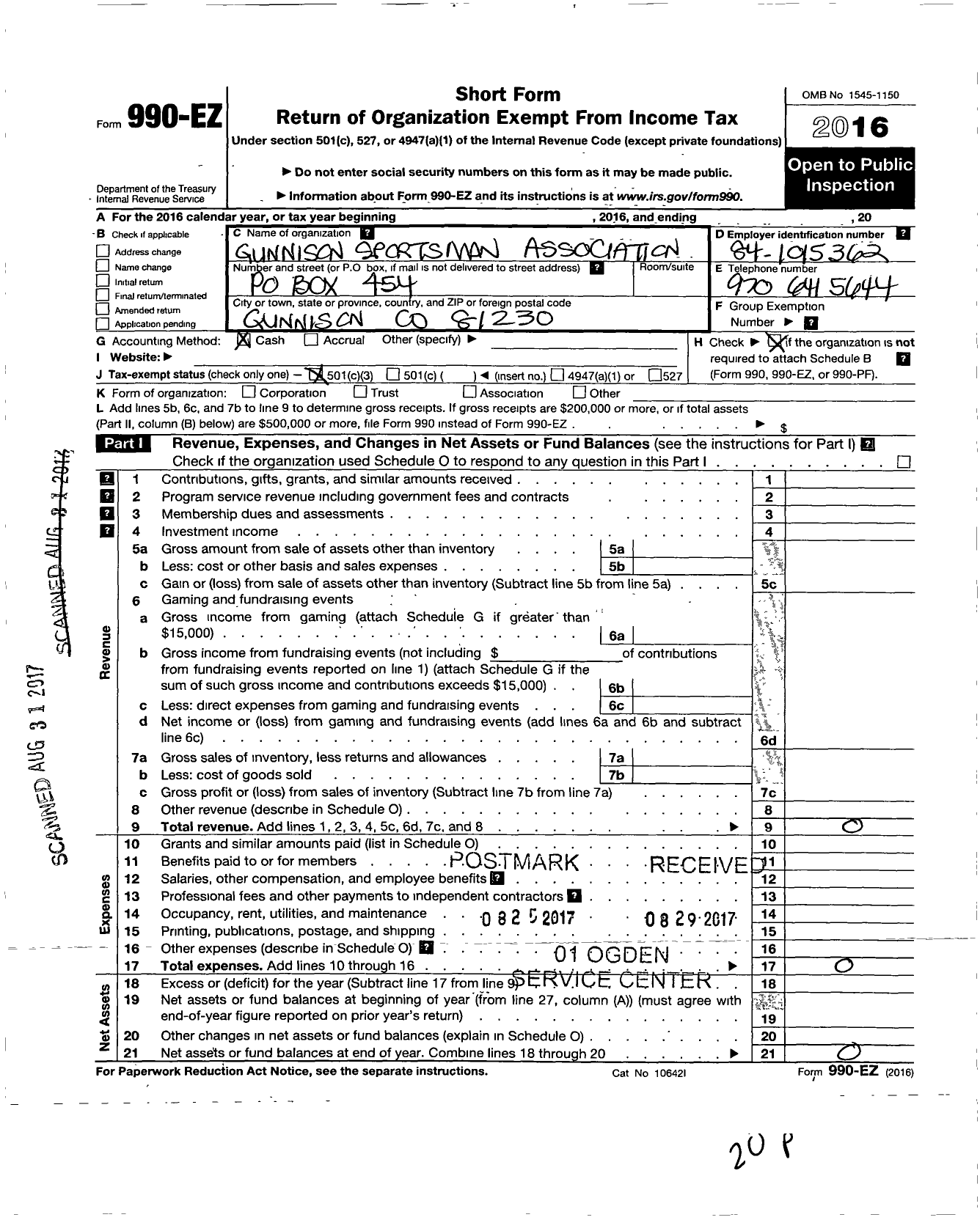 Image of first page of 2016 Form 990EZ for Gunnison Sportsmens Association