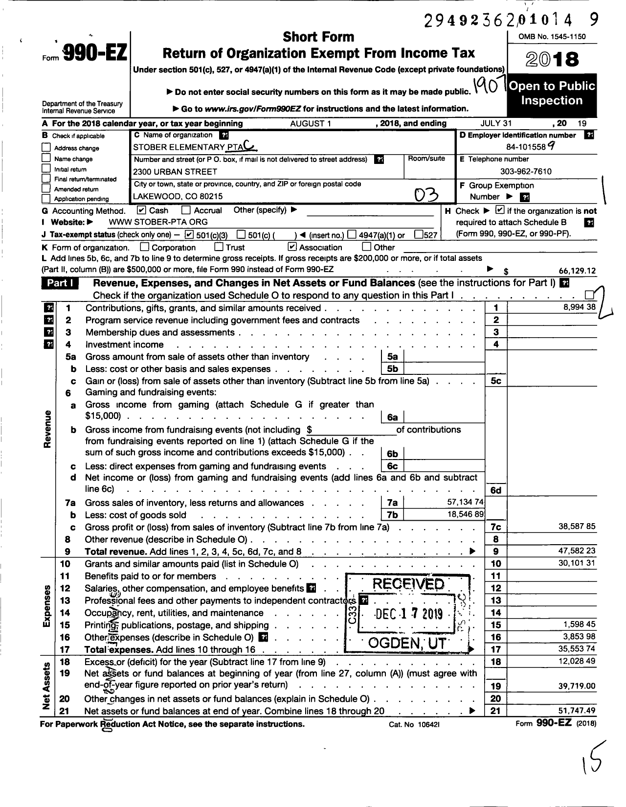 Image of first page of 2018 Form 990EZ for PTA Colorado Congress / Stober Elementary PTA