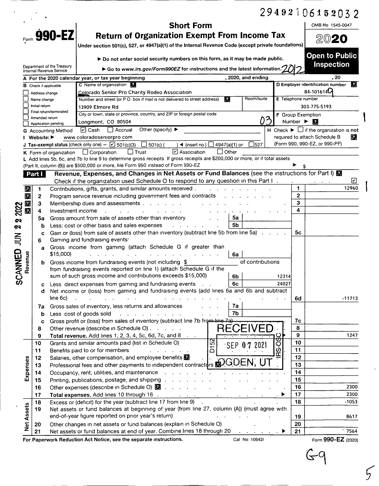 Image of first page of 2020 Form 990EZ for Colorado Senior Pro Charity Rodeo Association