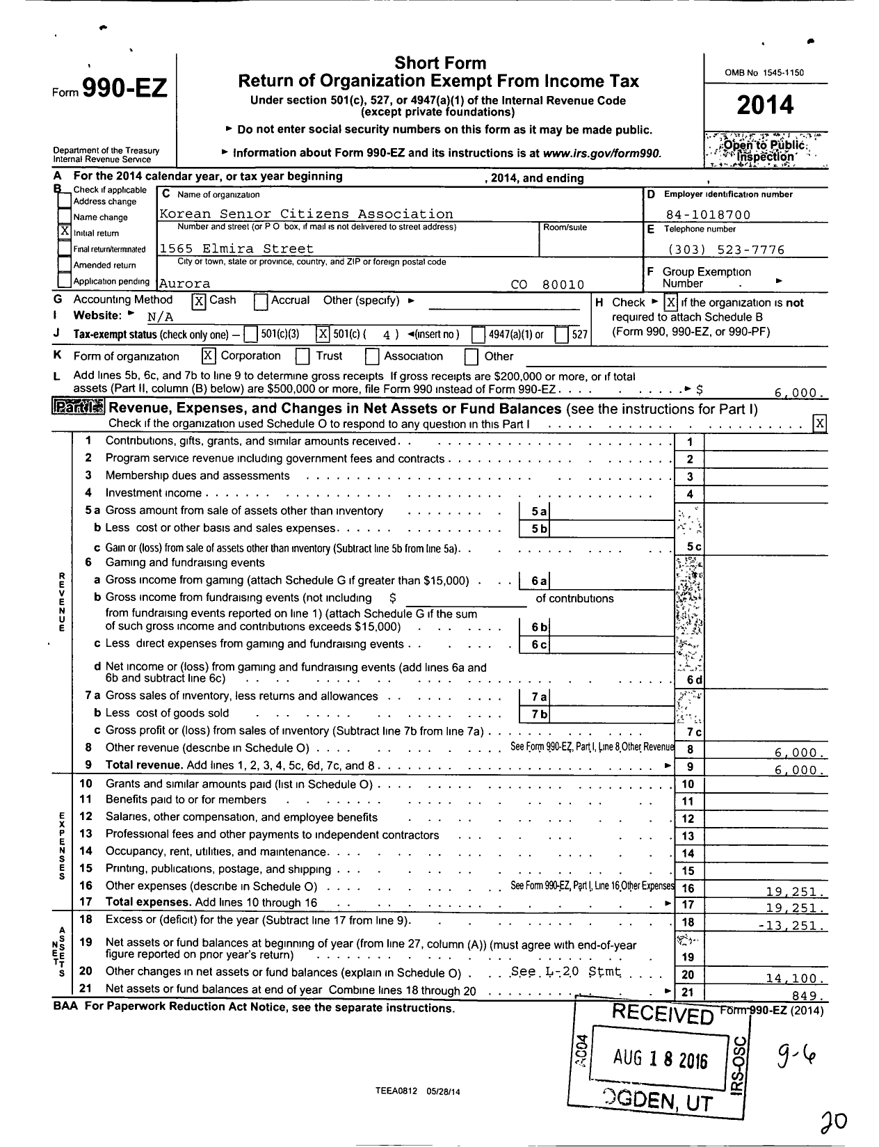 Image of first page of 2014 Form 990EO for Korean Senior Citizens Association