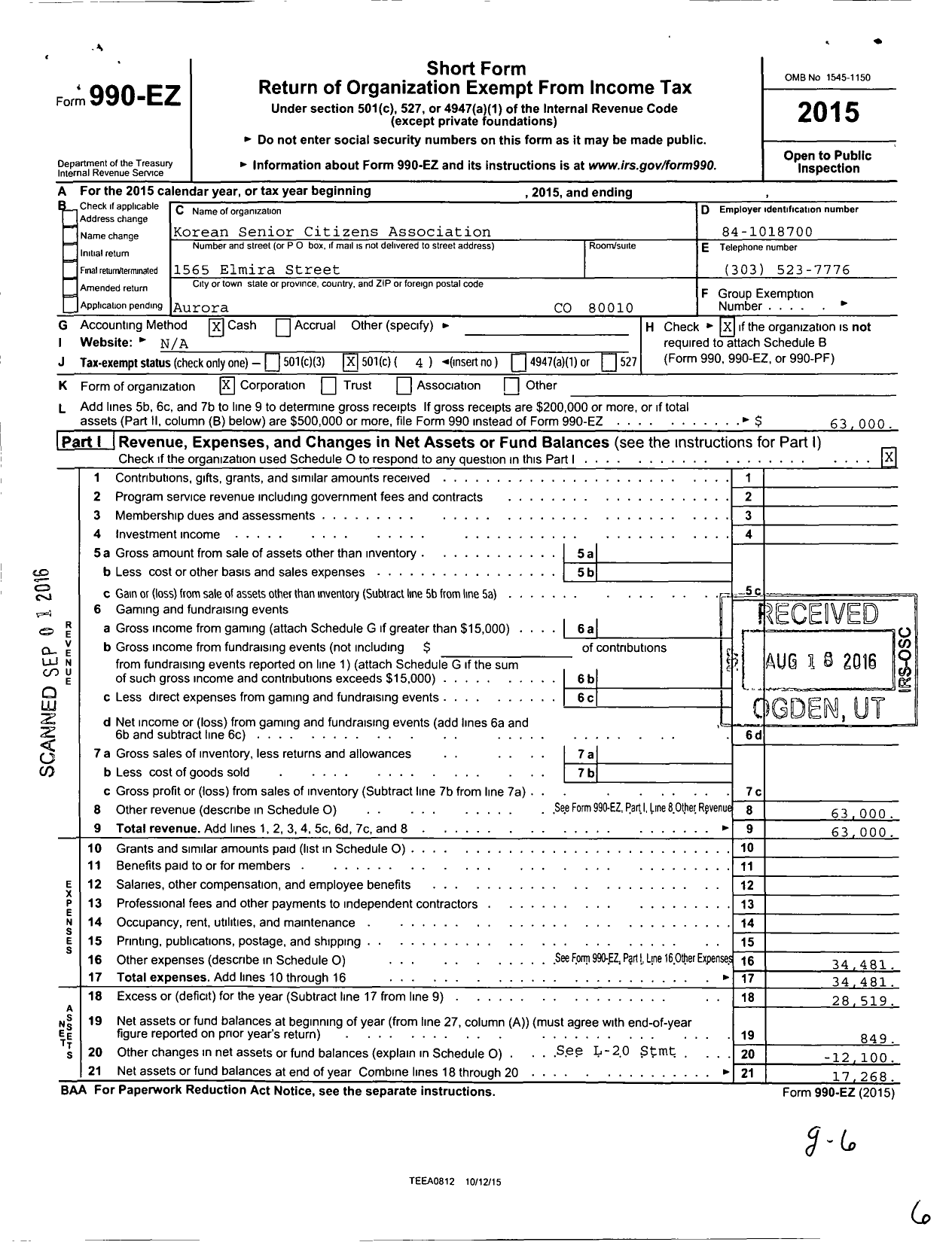 Image of first page of 2015 Form 990EO for Korean Senior Citizens Association