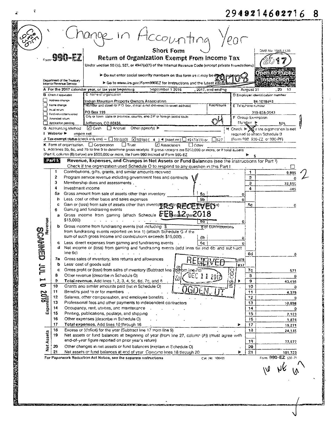 Image of first page of 2016 Form 990EO for Indian Mountain Property Owners Association