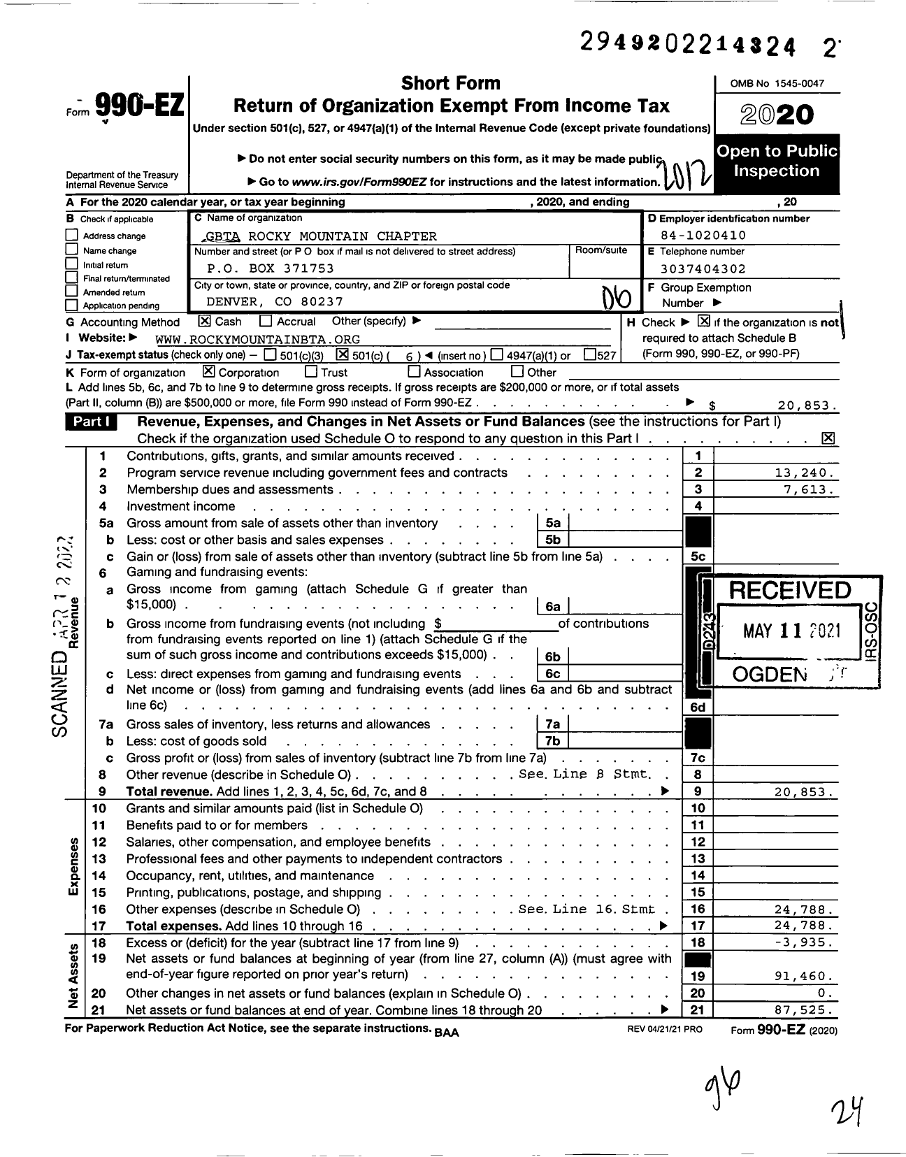 Image of first page of 2020 Form 990EO for GBTA Rocky Mountain Chapter