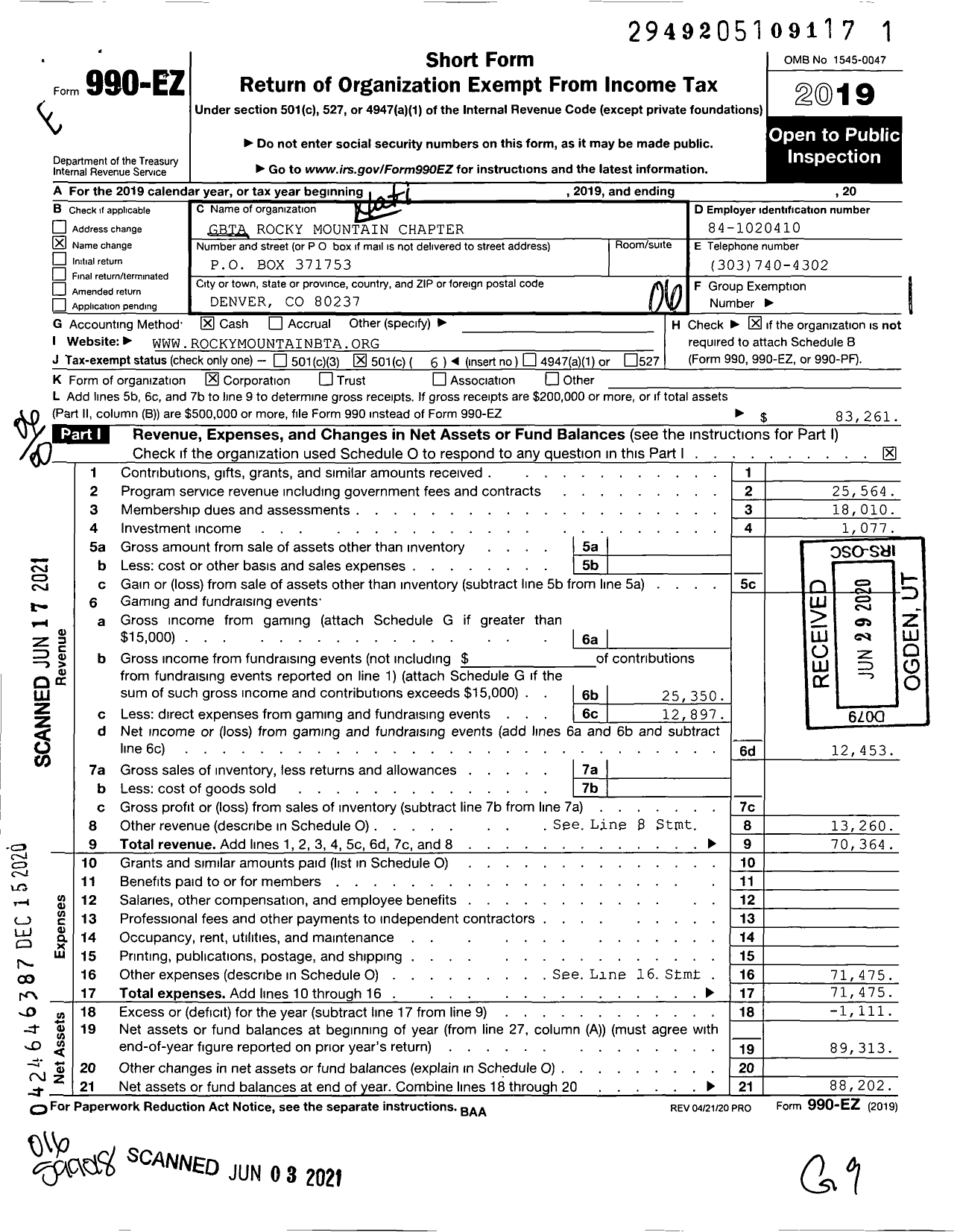 Image of first page of 2019 Form 990EO for GBTA Rocky Mountain Chapter